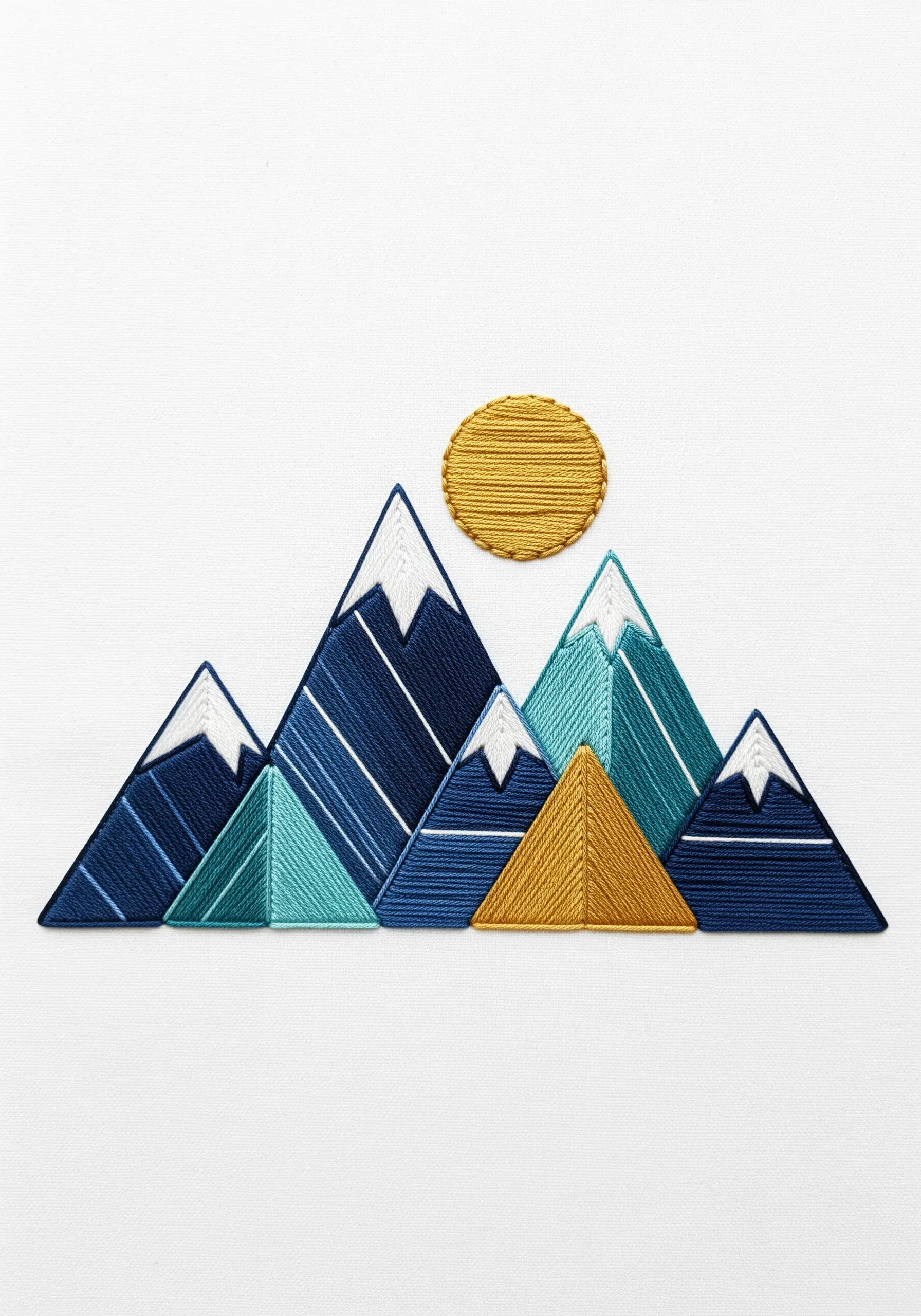 Modern geometric mountain embroidery with blue and gold satin stitch fills and white line details.