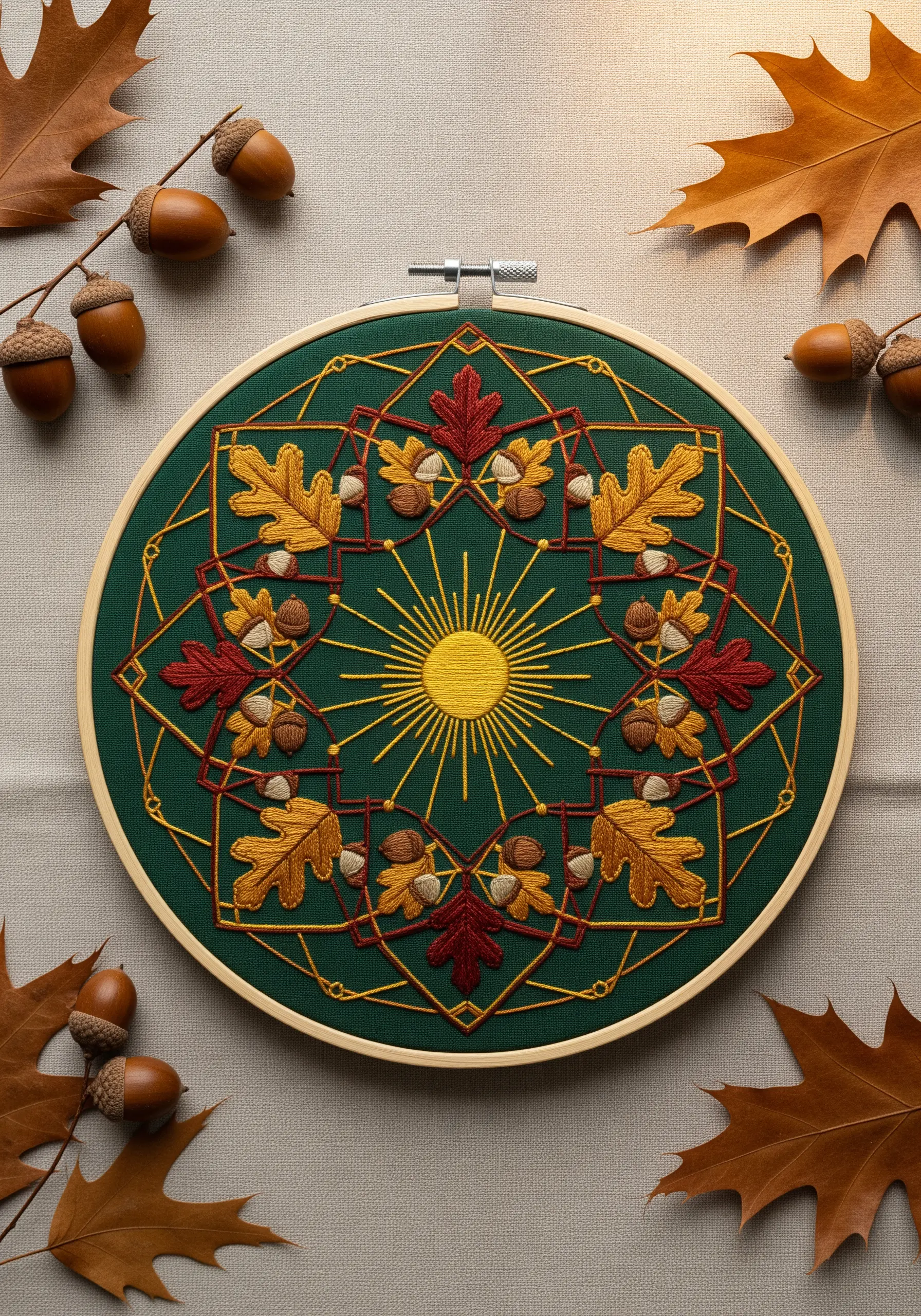 A geometric mandala embroidery with autumn leaves and acorns on green fabric.
