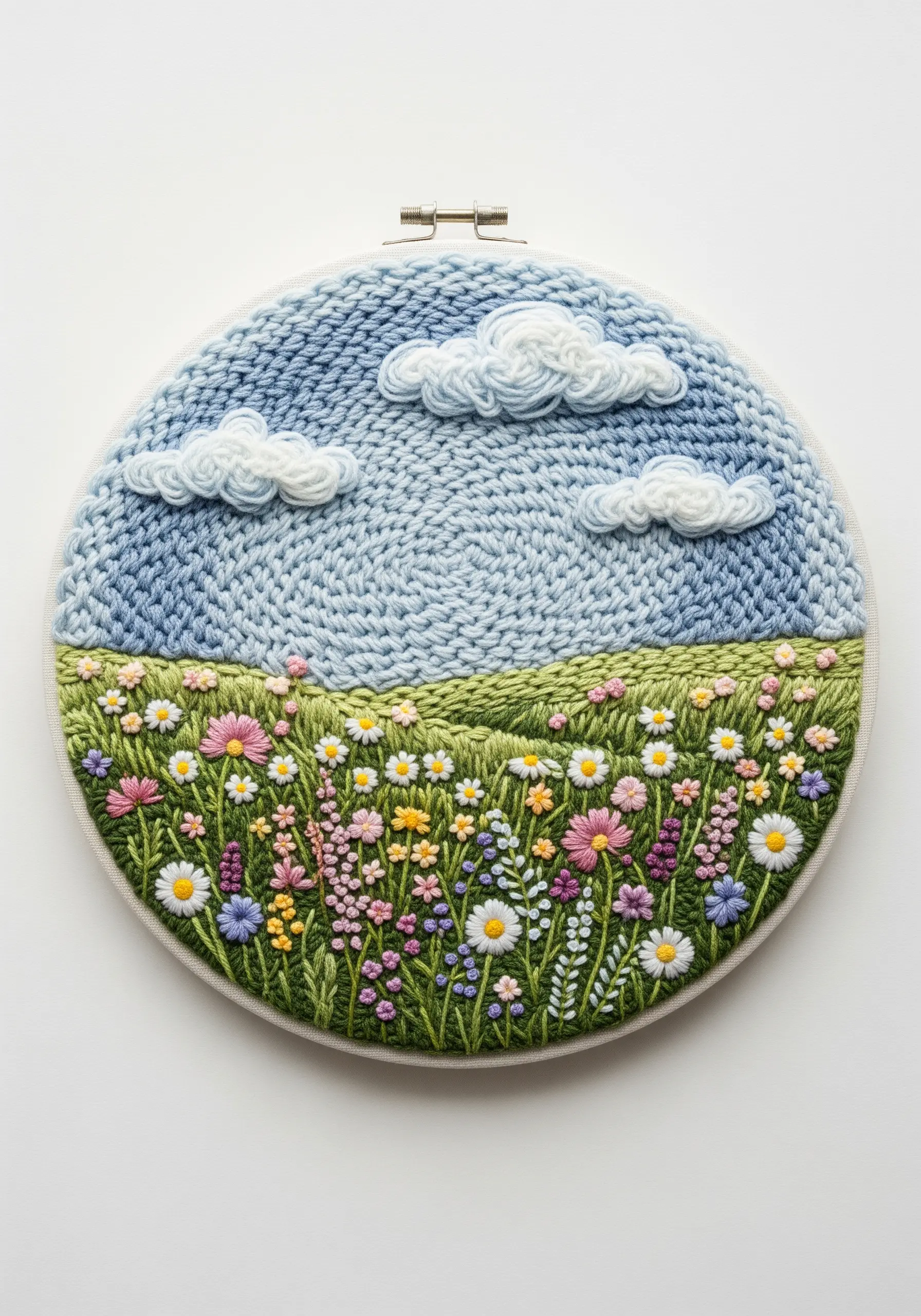 A landscape embroidery with a knitted blue sky and an embroidered wildflower meadow.