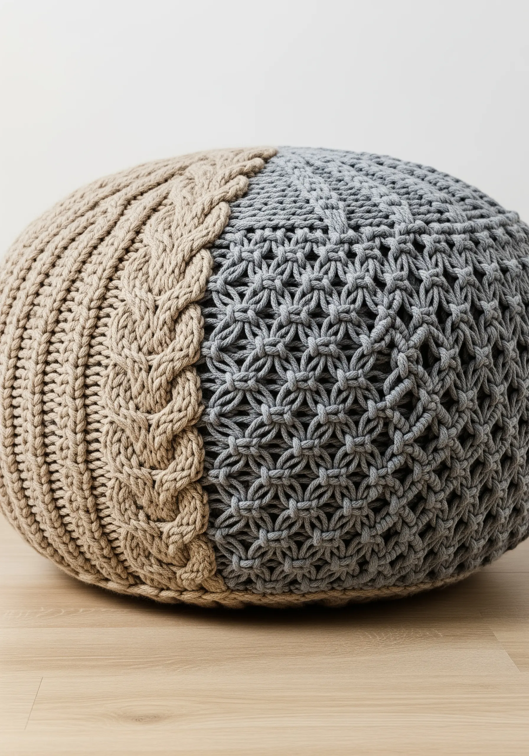 A two-toned floor pouf showing a contrast between a beige cable knit section and a grey macrame knot section.