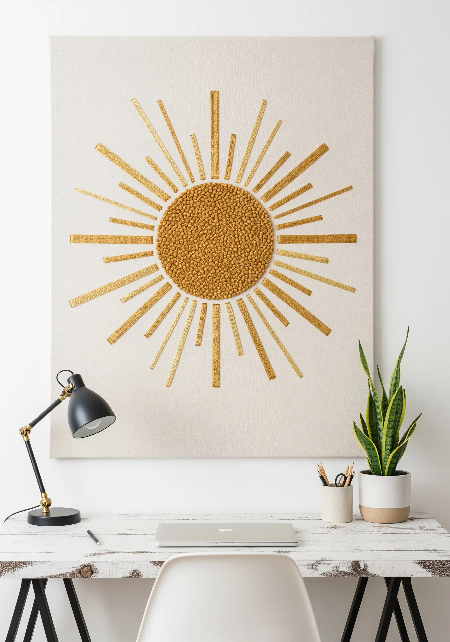 Large sun stitched on canvas, with a French knot center and satin stitch rays.