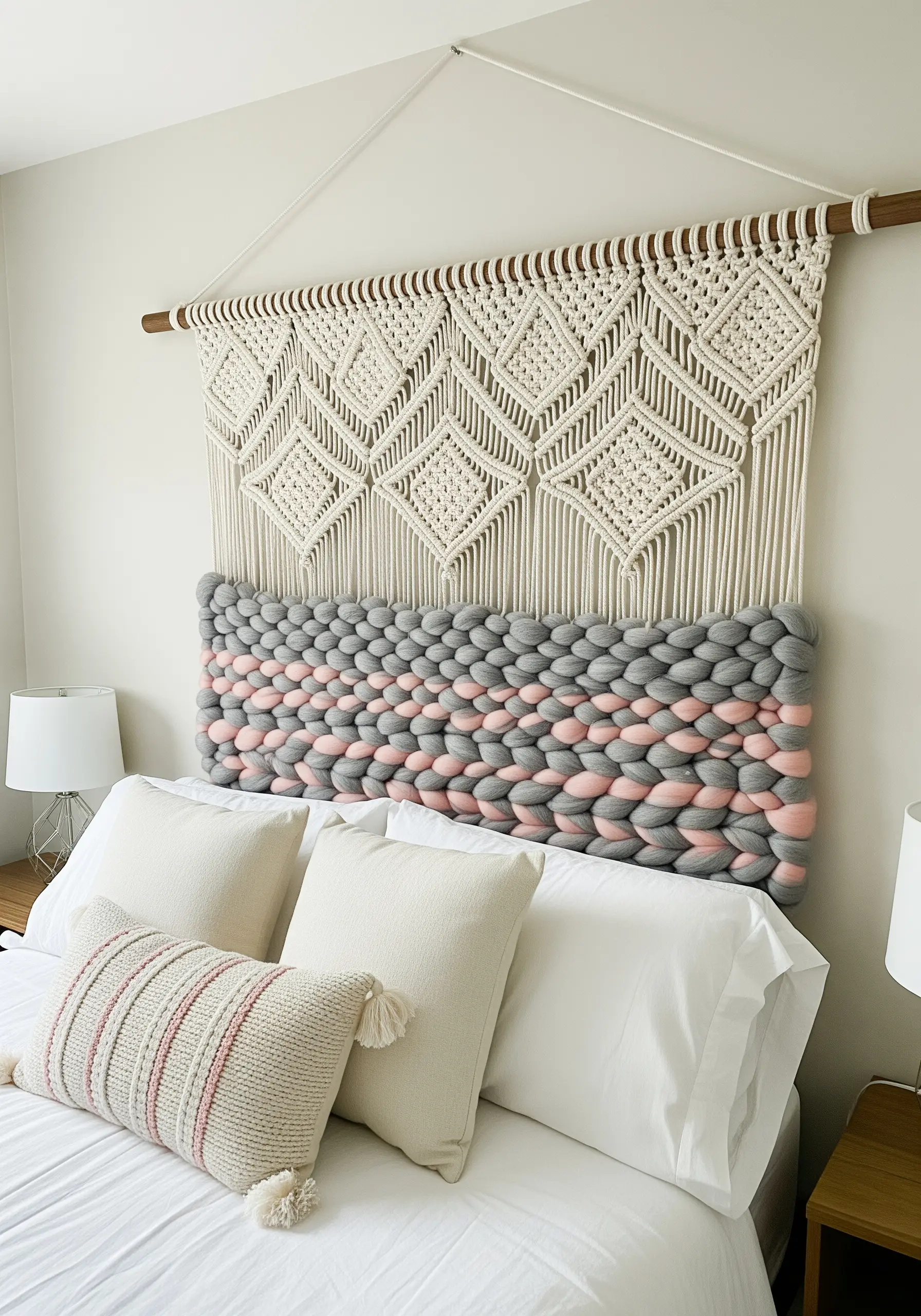 A combined macrame and chunky woven headboard in cream, grey, and pink.