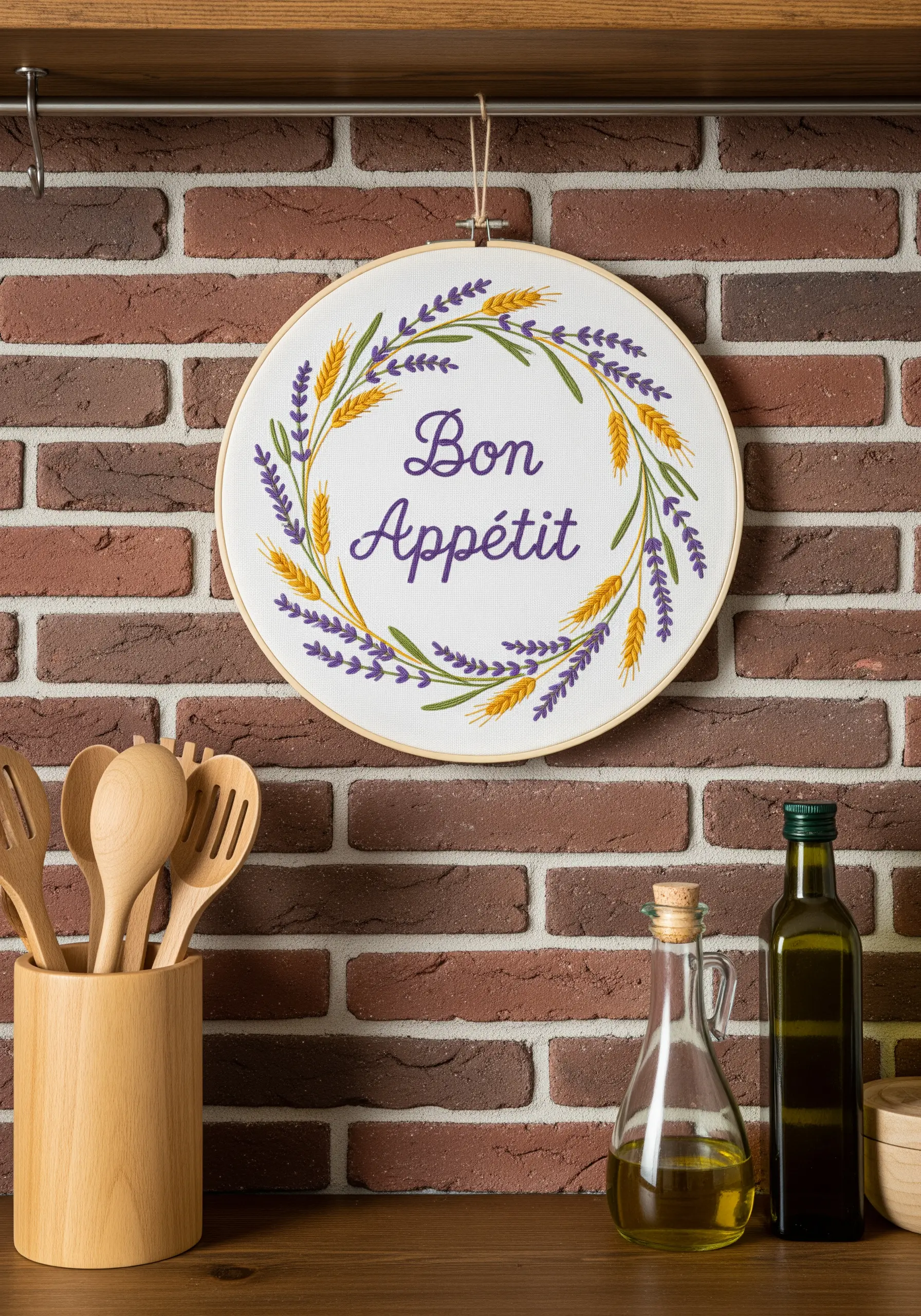 An embroidery hoop with 'Bon Appétit' surrounded by a wreath of lavender and wheat.