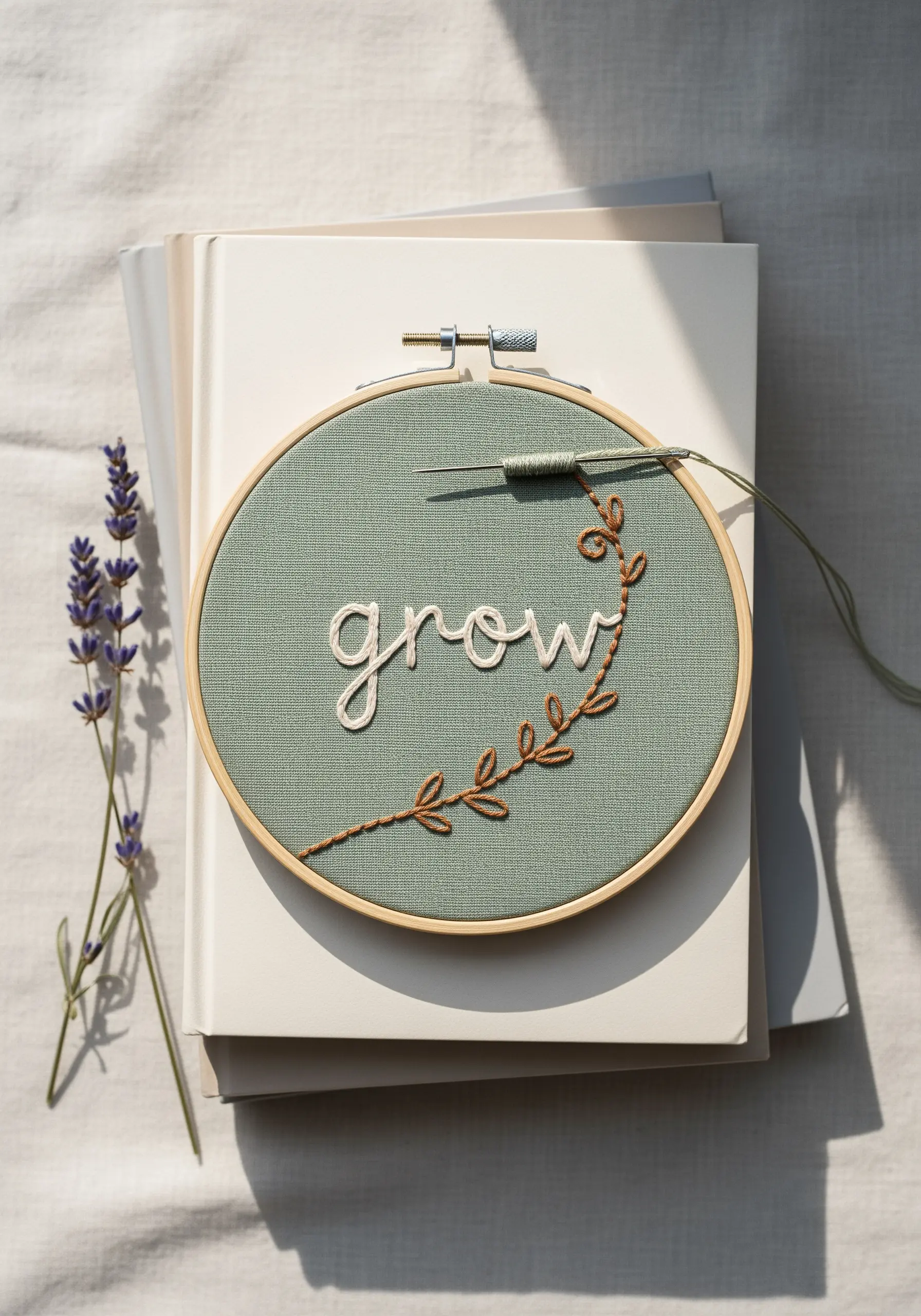 The word 'grow' stitched next to a delicate vine on muted green fabric.