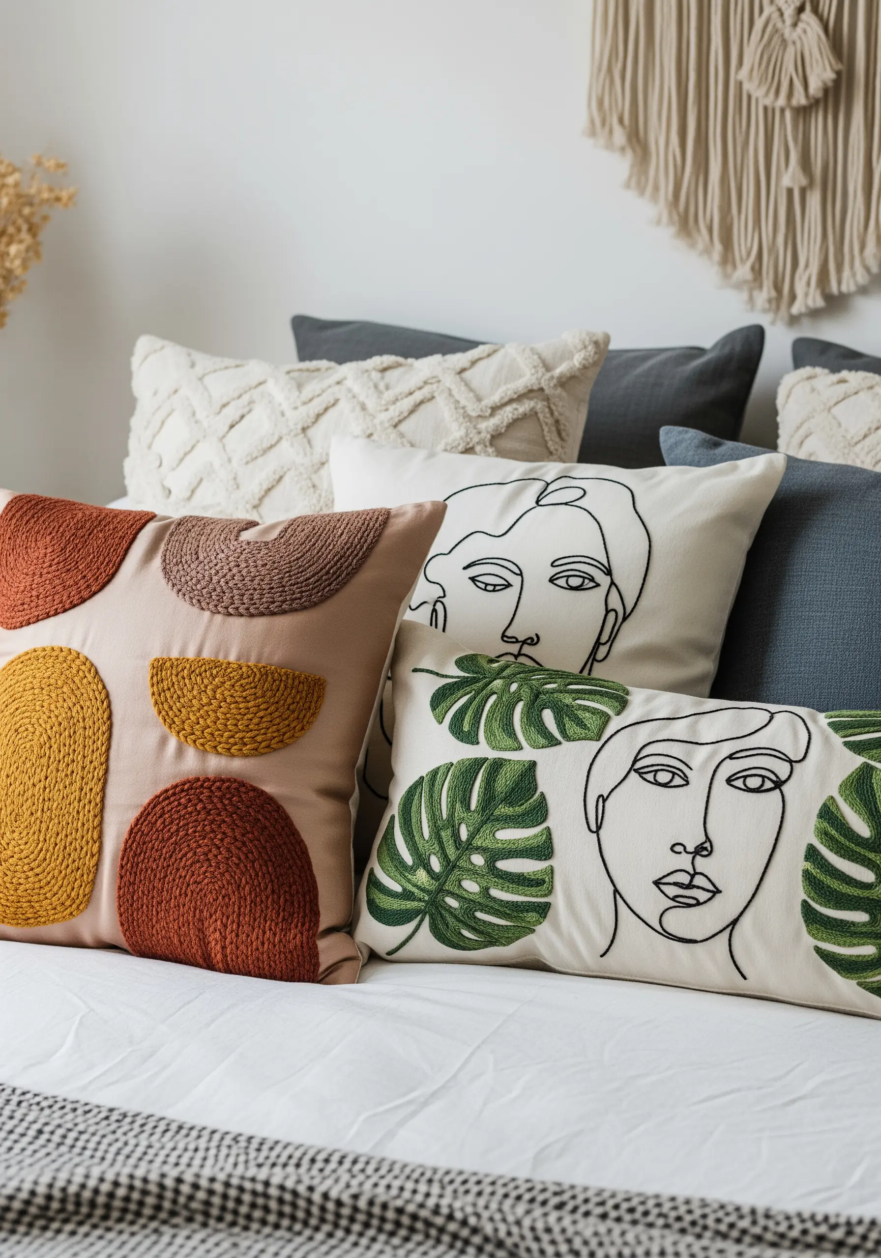 A collection of pillows with embroidered abstract shapes and minimalist line art faces.
