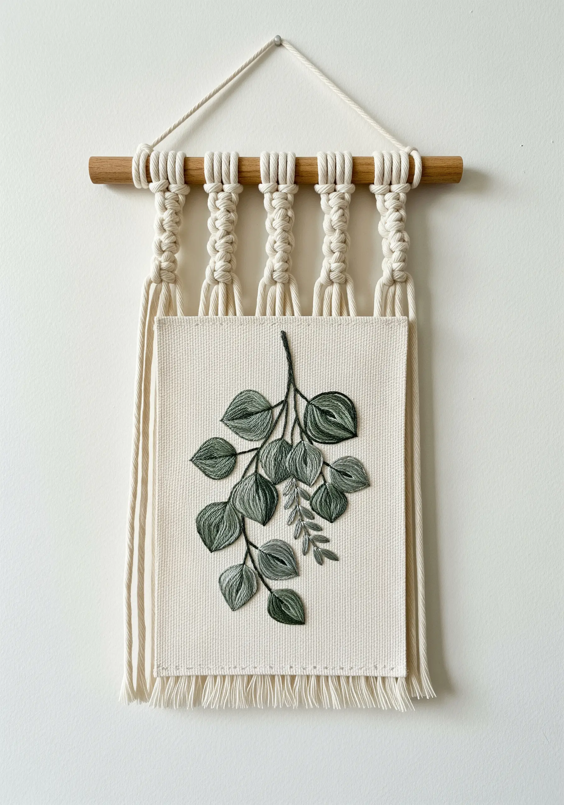A macrame wall hanging featuring a central embroidered panel of eucalyptus leaves.
