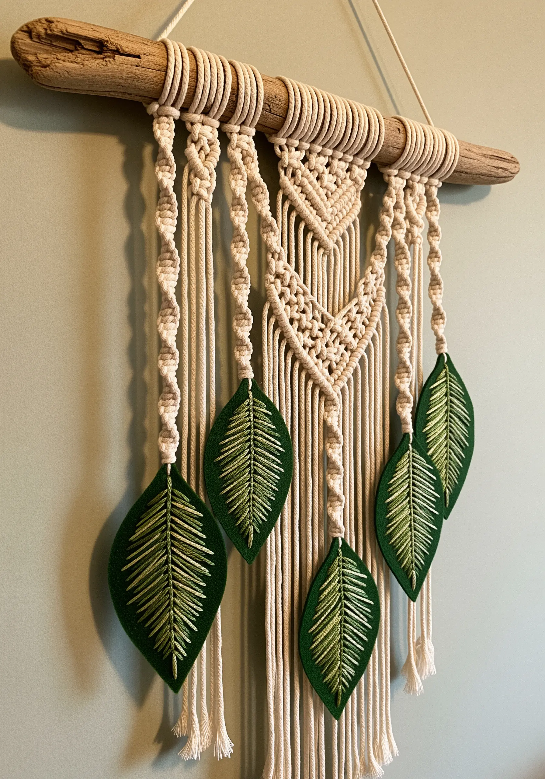 Macrame wall hanging on driftwood with attached green embroidered felt leaves