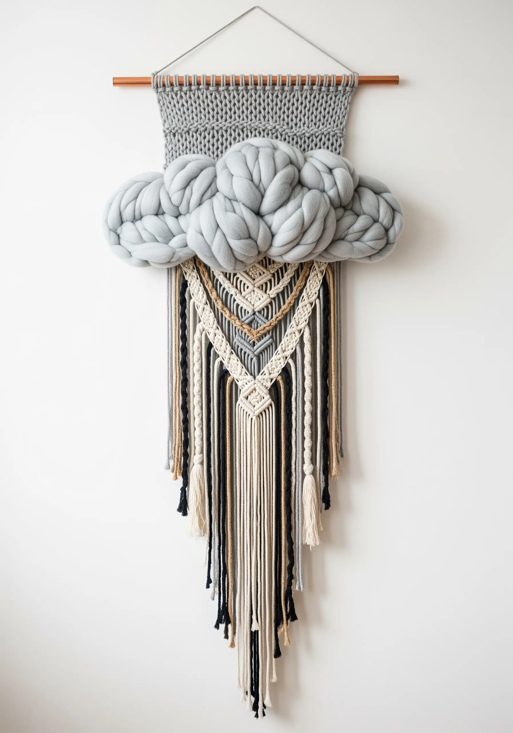 A macrame wall hanging topped with large, cloud-like shapes made from chunky grey wool roving.