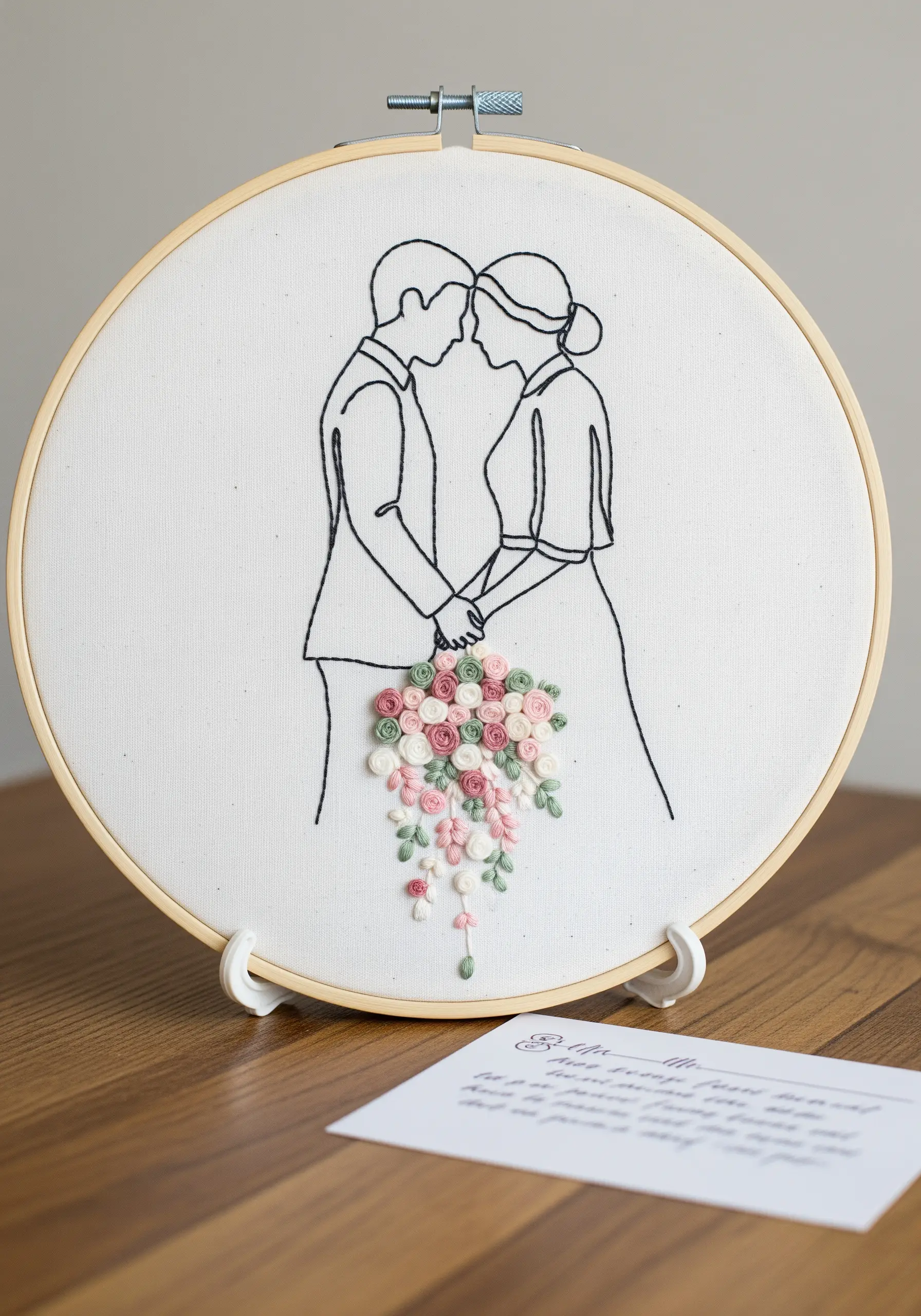 Minimal line art embroidery of a couple with a textured, colorful floral bouquet.