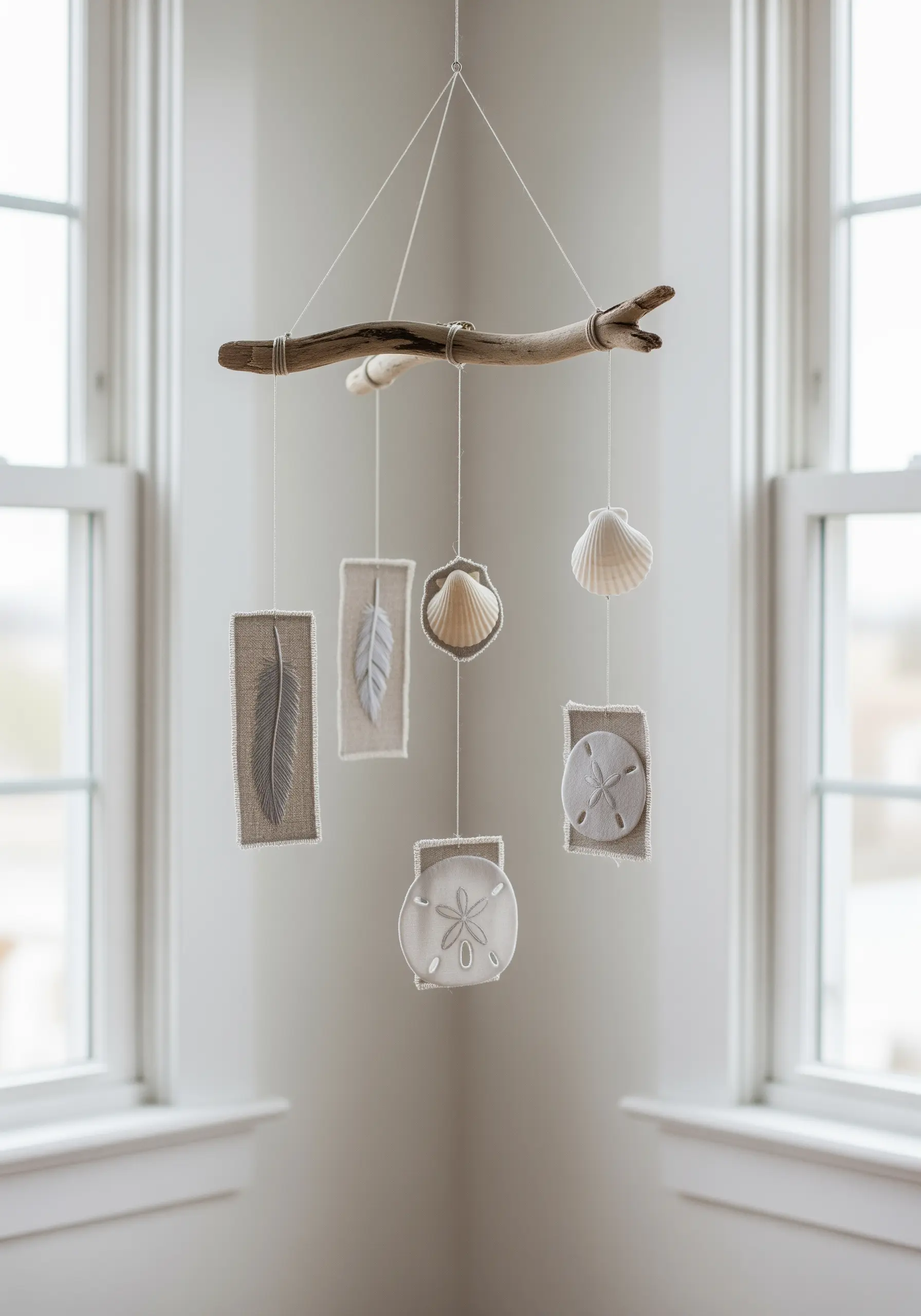 A nursery mobile made from driftwood, shells, and small embroidered linen panels.