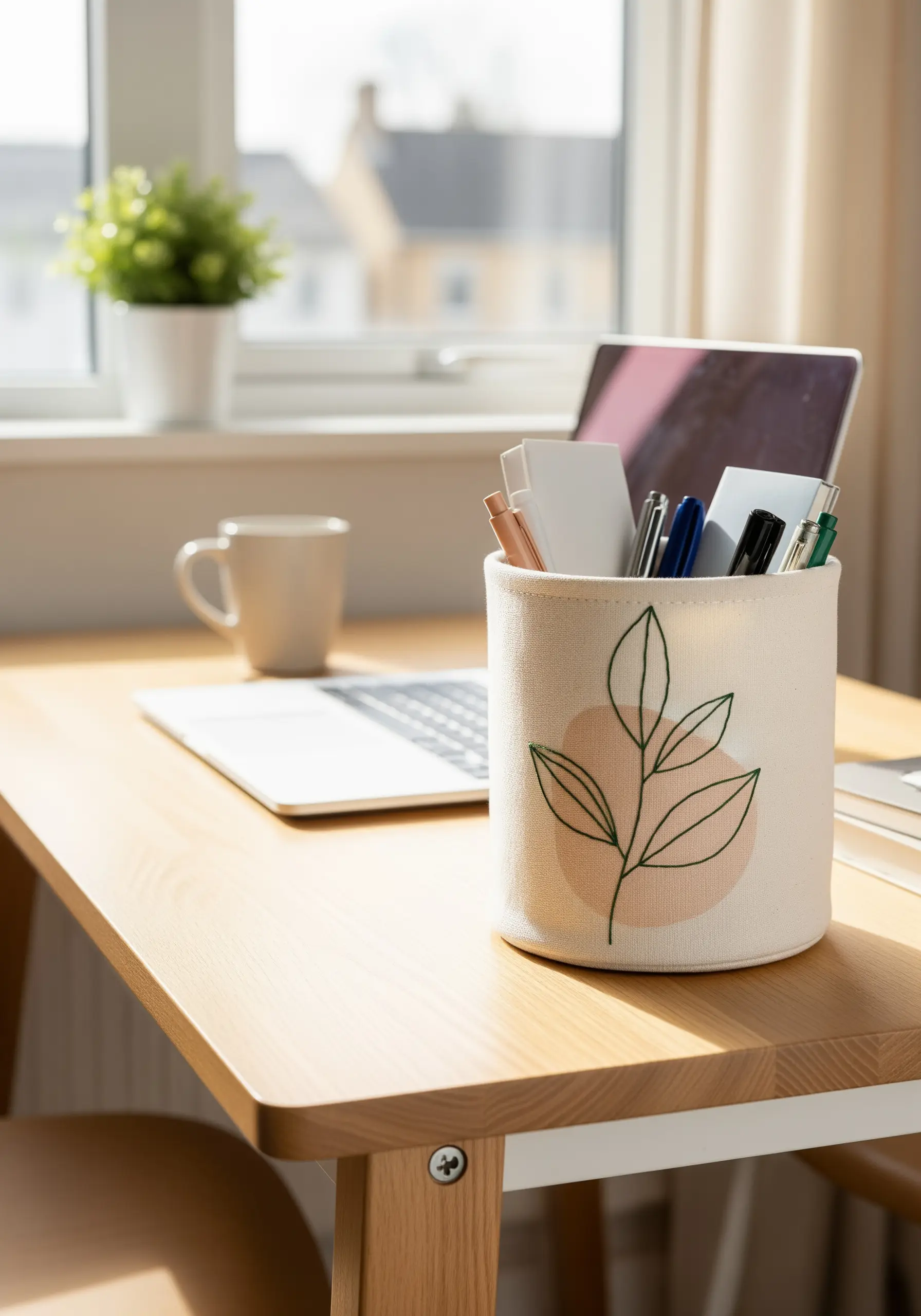 A fabric pencil holder with an embroidered green leaf motif over a blush pink circle.
