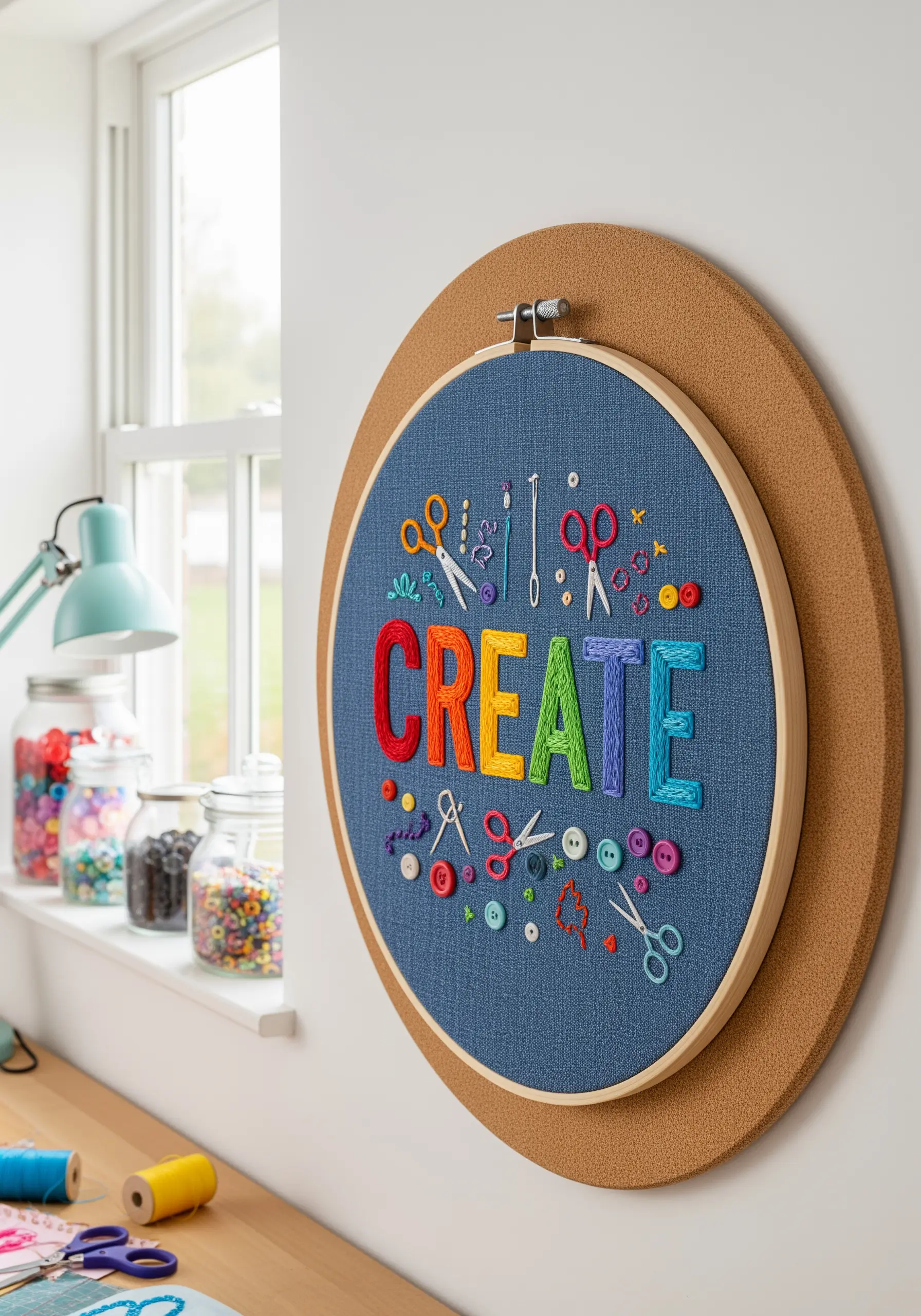 The word 'CREATE' in colorful padded satin stitch, surrounded by craft-themed motifs.