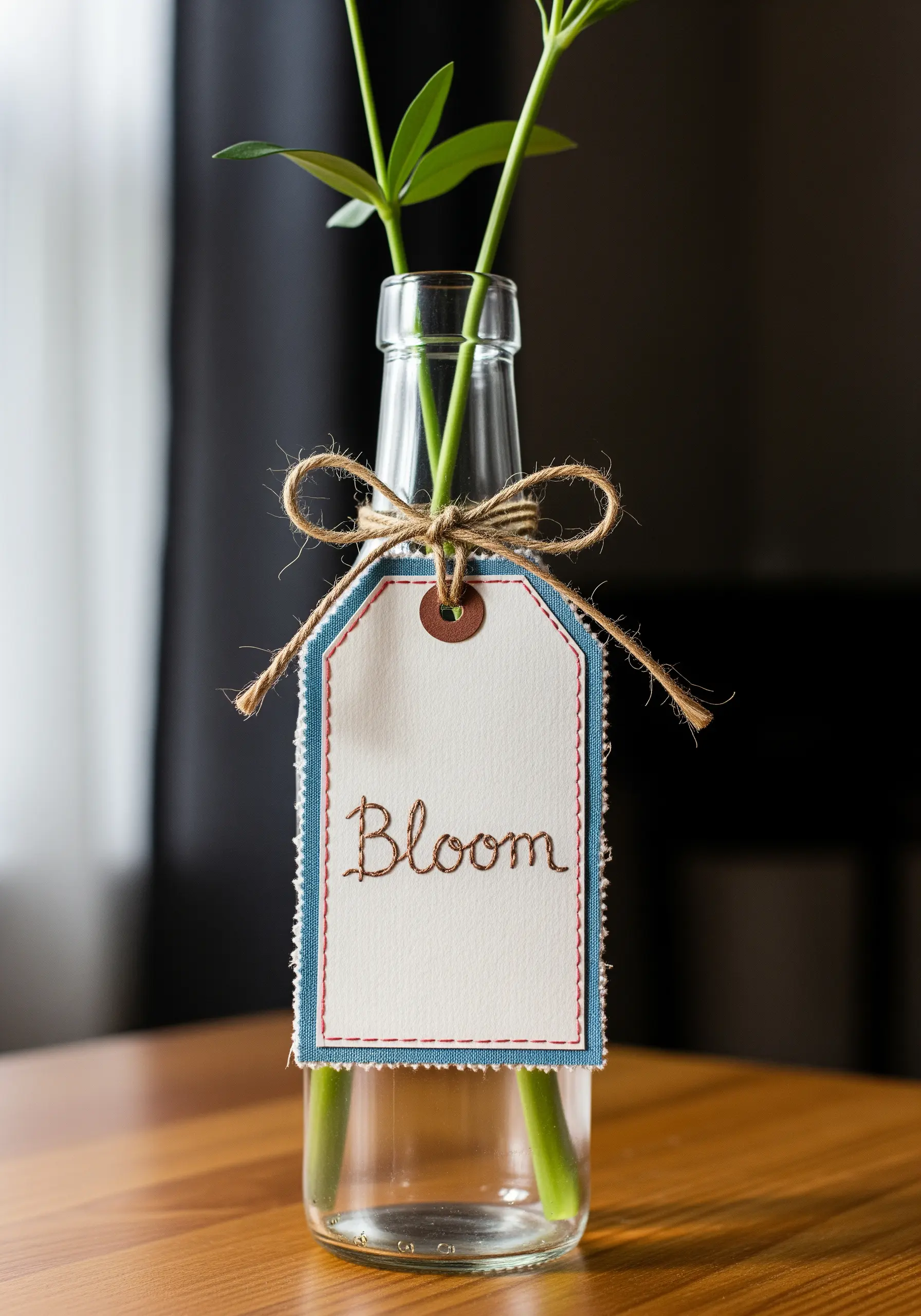 A paper gift tag with the word 'Bloom' embroidered in brown thread, layered over fabric.