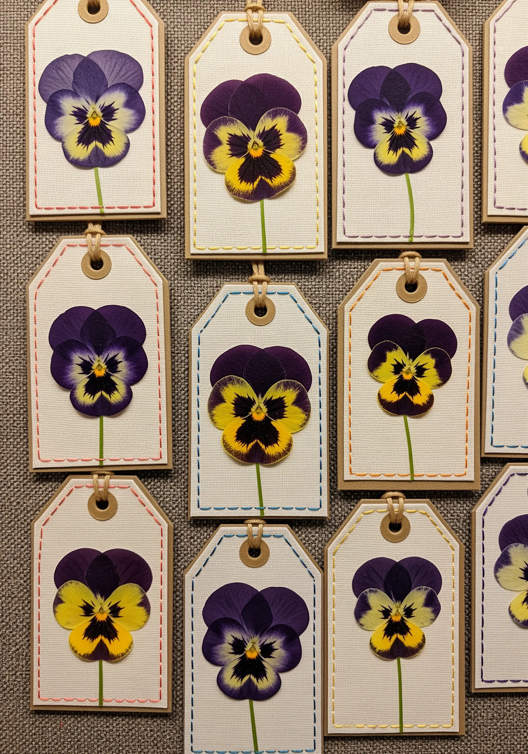 Paper gift tags, each with a pressed pansy and a simple hand-stitched border.