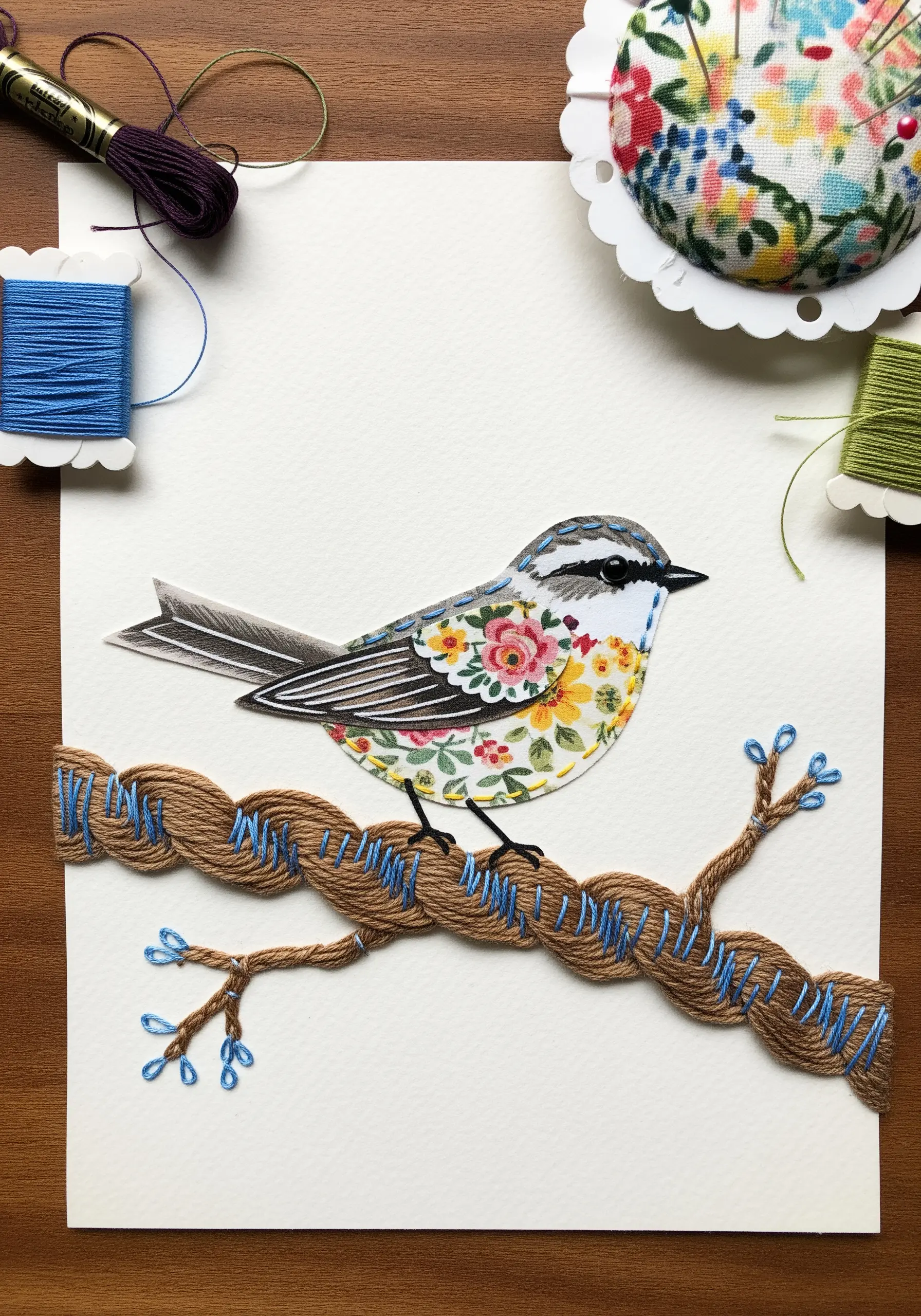 A paper bird with a floral pattern sits on a thick, yarn-wrapped branch.