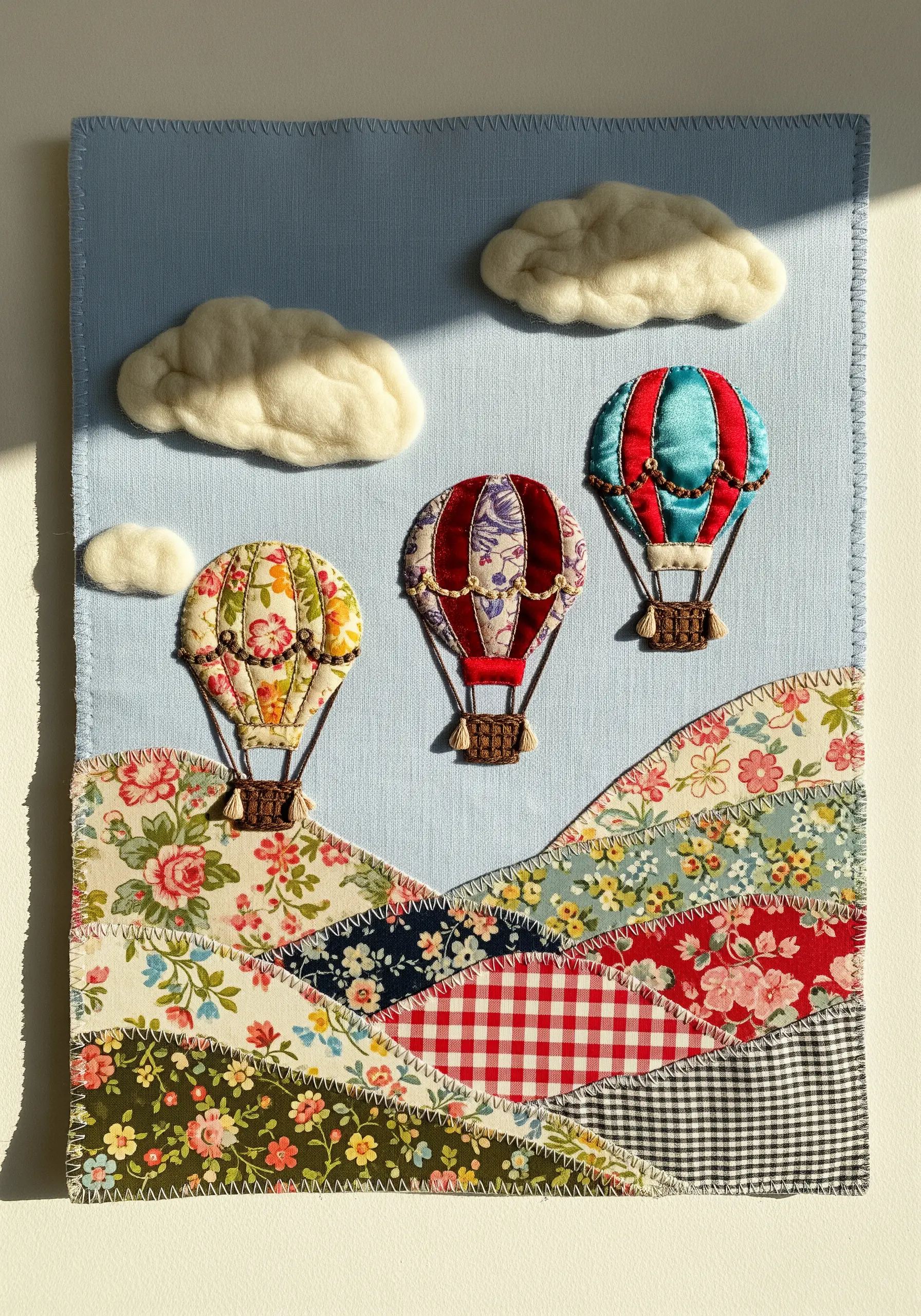 Fabric collage of hot air balloons over patchwork hills with needle-felted clouds