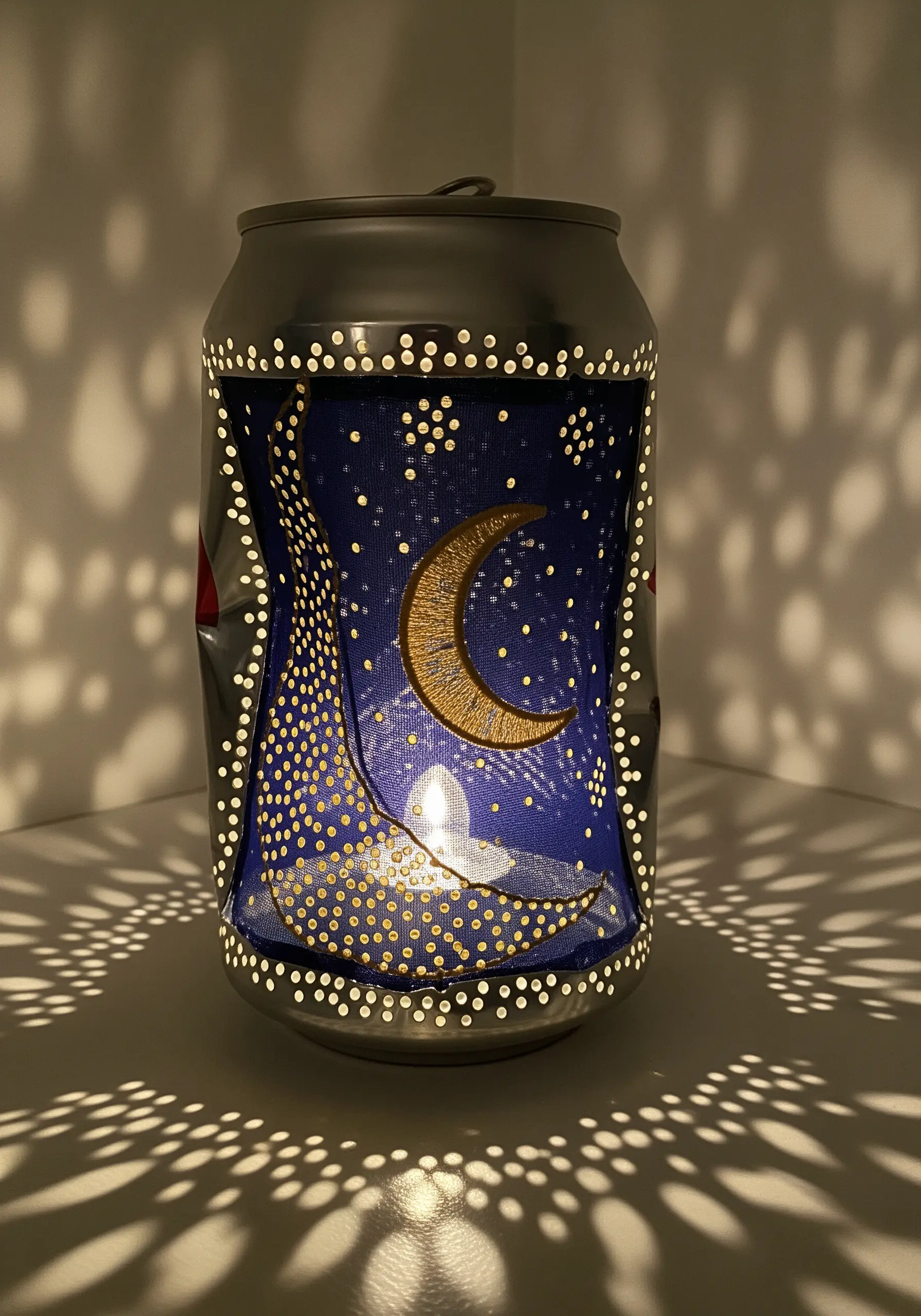 An aluminum can repurposed into a lantern with a crescent moon embroidered on sheer fabric.