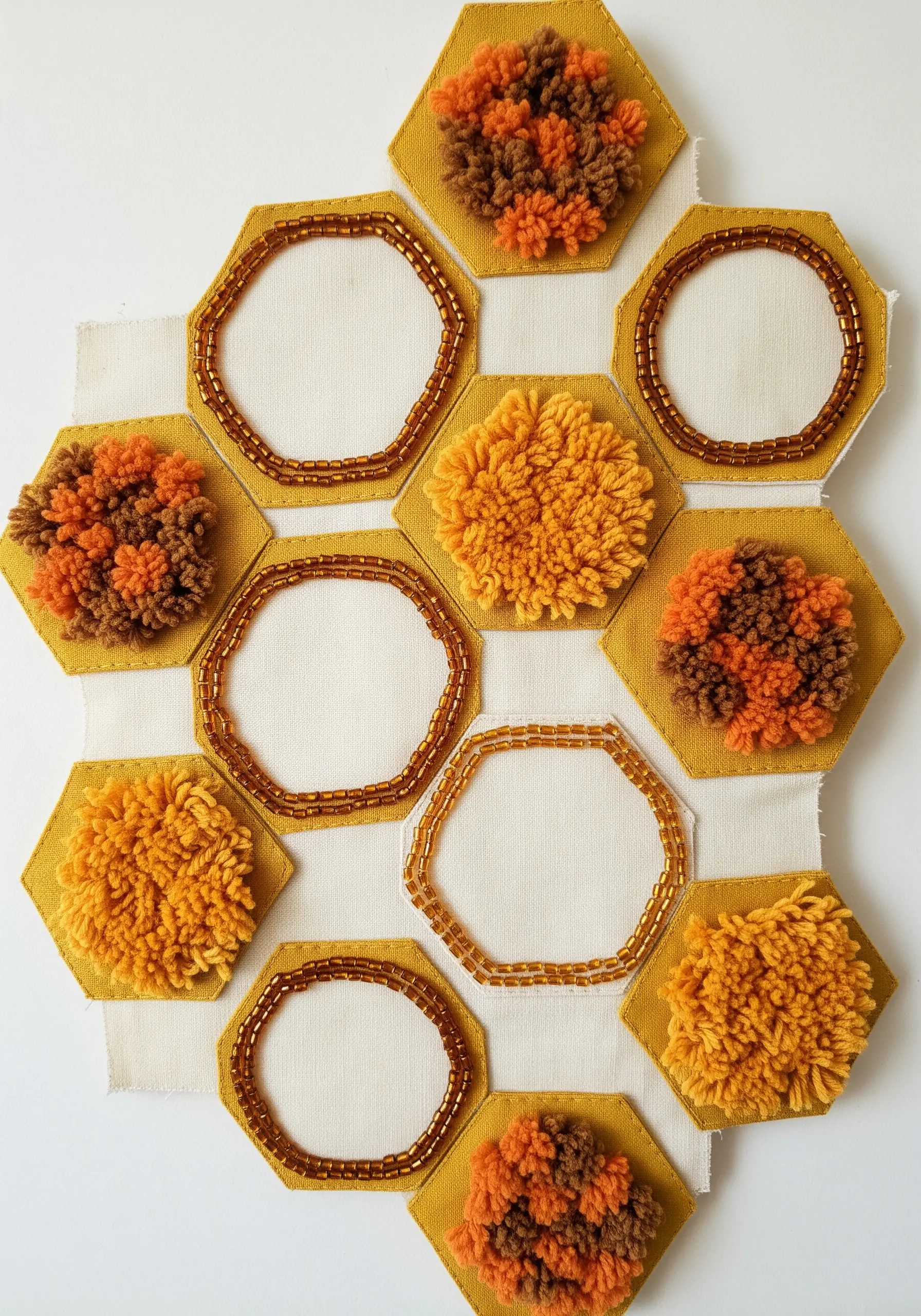 A geometric design with yellow hexagons, some filled with yarn pom-poms and others outlined with beads.