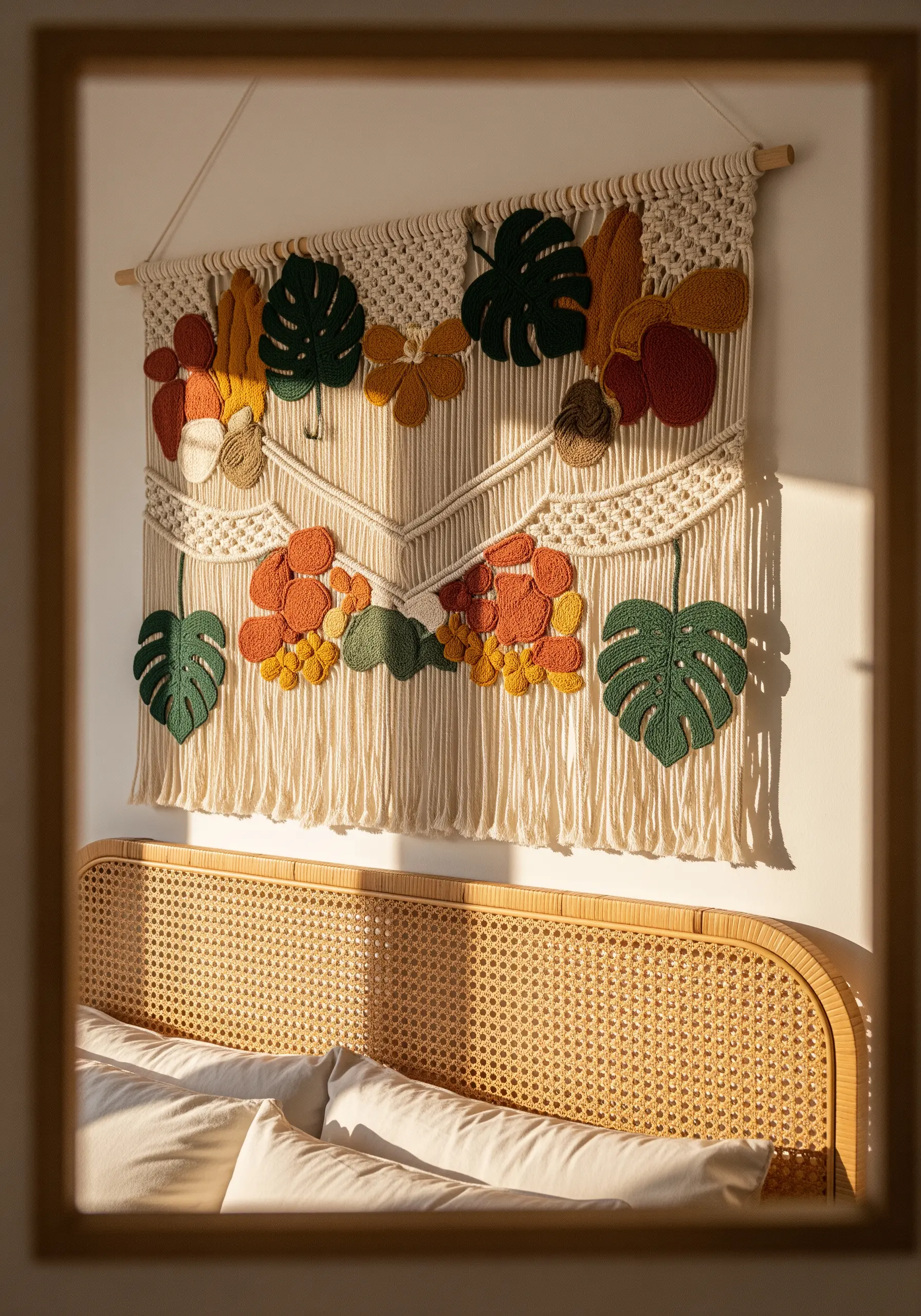 A large macramé wall hanging embellished with colorful punch needle flowers and monstera leaves.