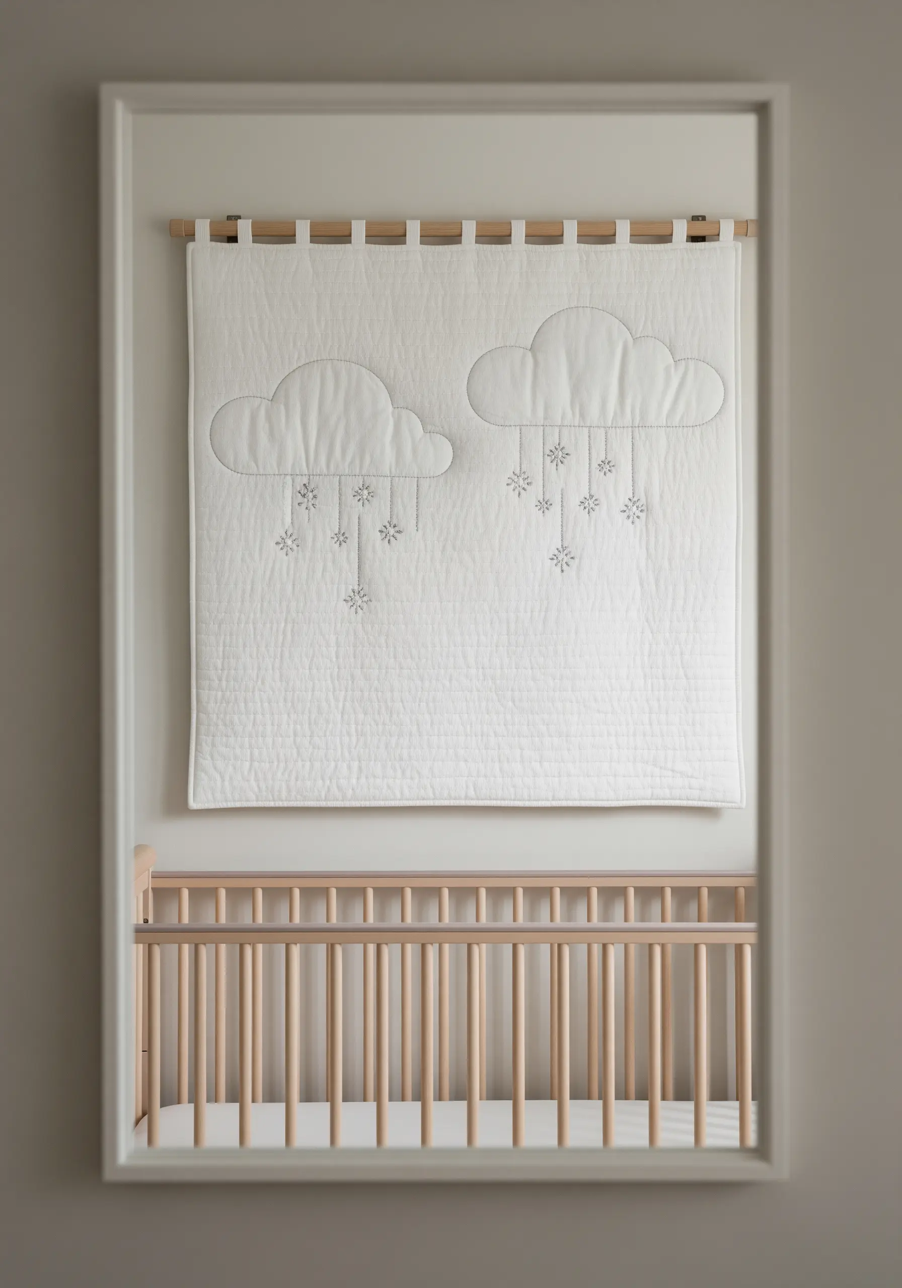A white quilted wall hanging for a nursery with simple cloud and snowflake embroidery.