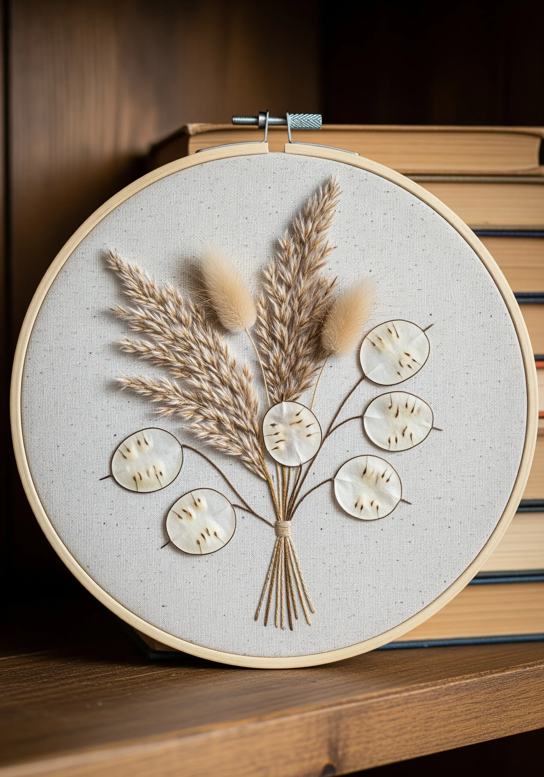 Mixed-media embroidery with real dried grasses and stitched lunaria pods