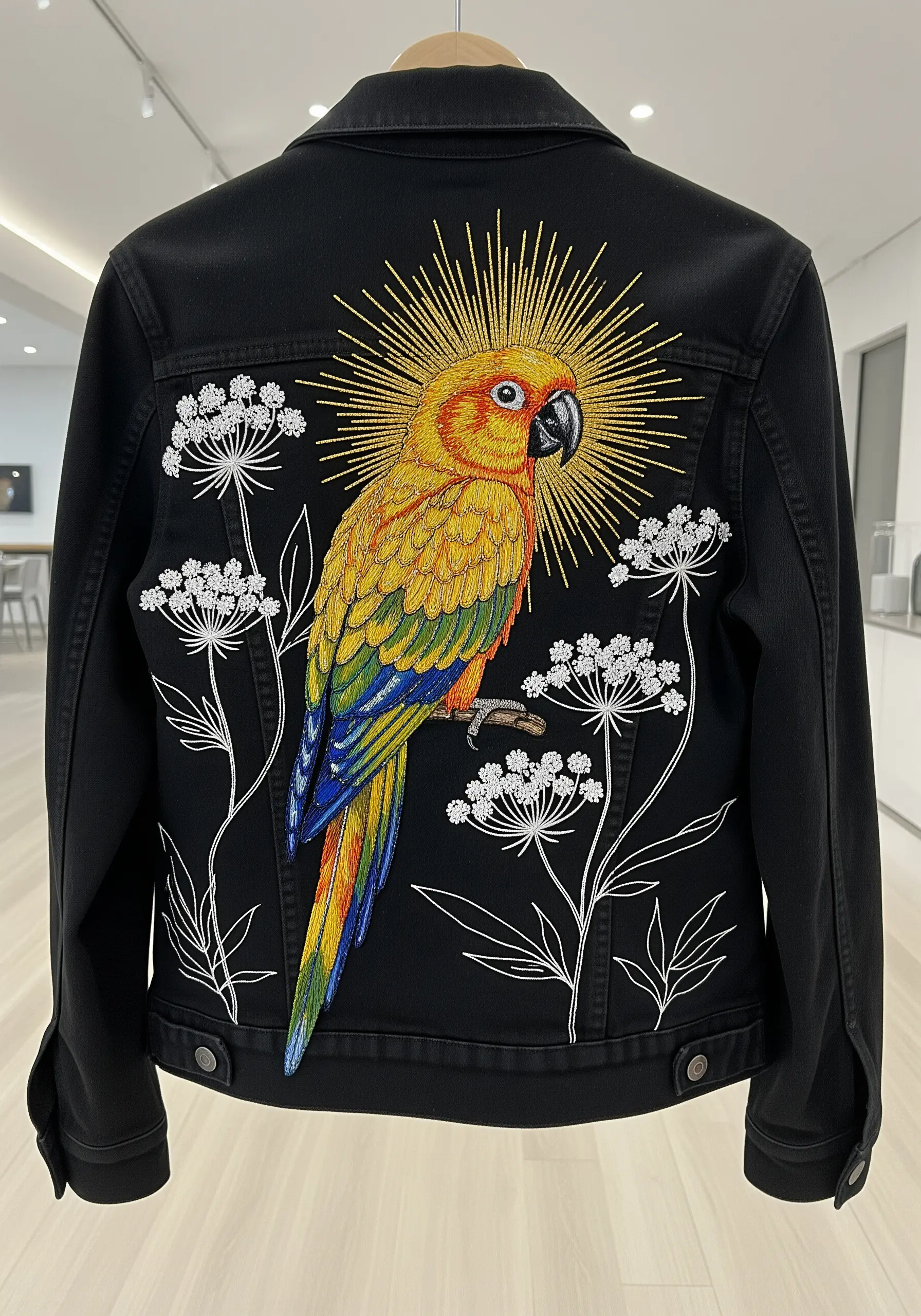 A brightly colored Sun Conure with a golden sunburst halo embroidered behind its head.