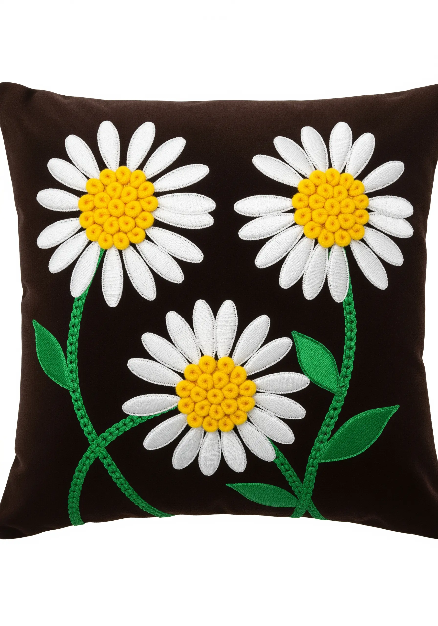 Embroidered daisies with white satin stitch petals and yellow French knot centers.