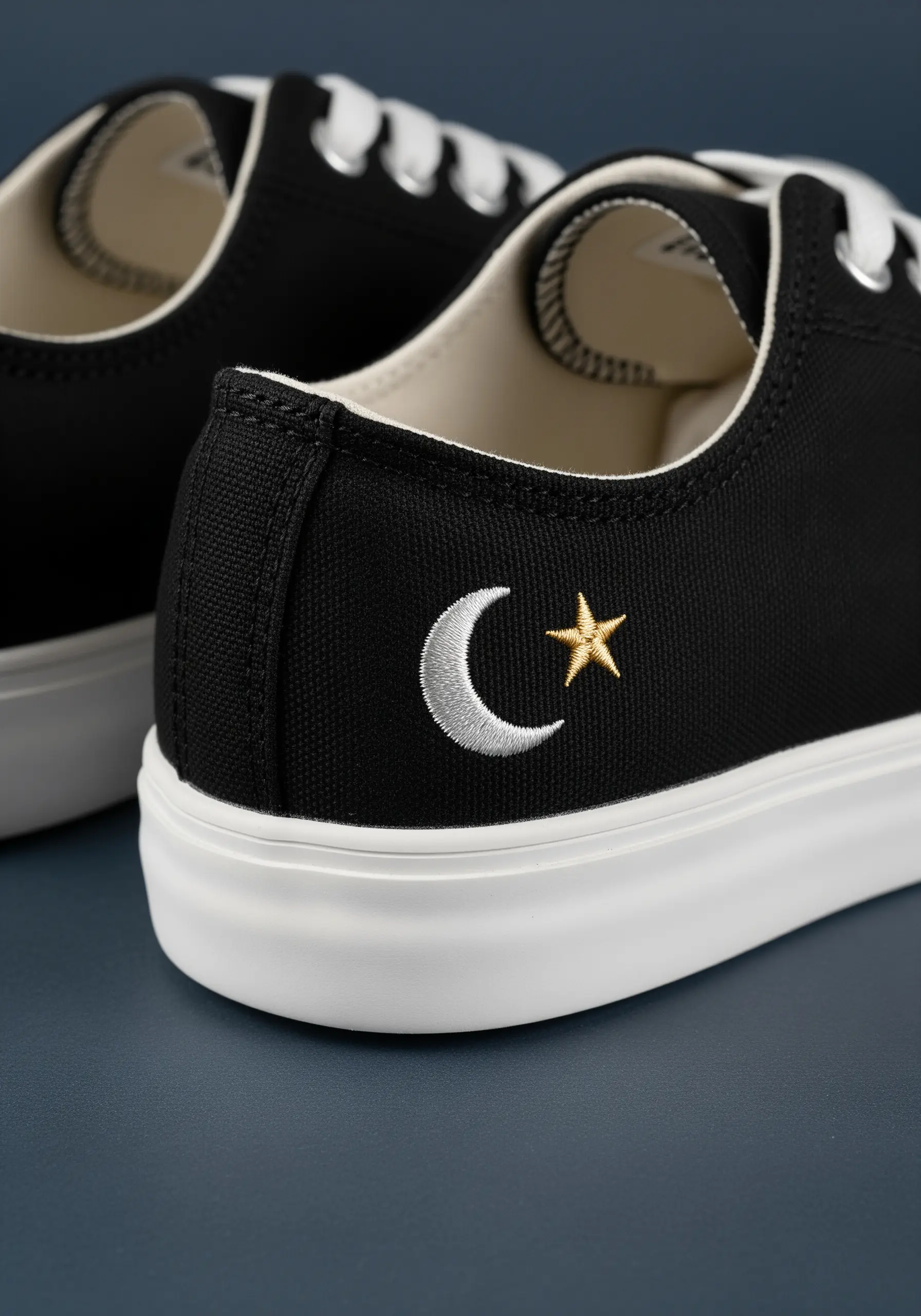 A white satin-stitched crescent moon and a gold metallic star embroidered on a black sneaker.