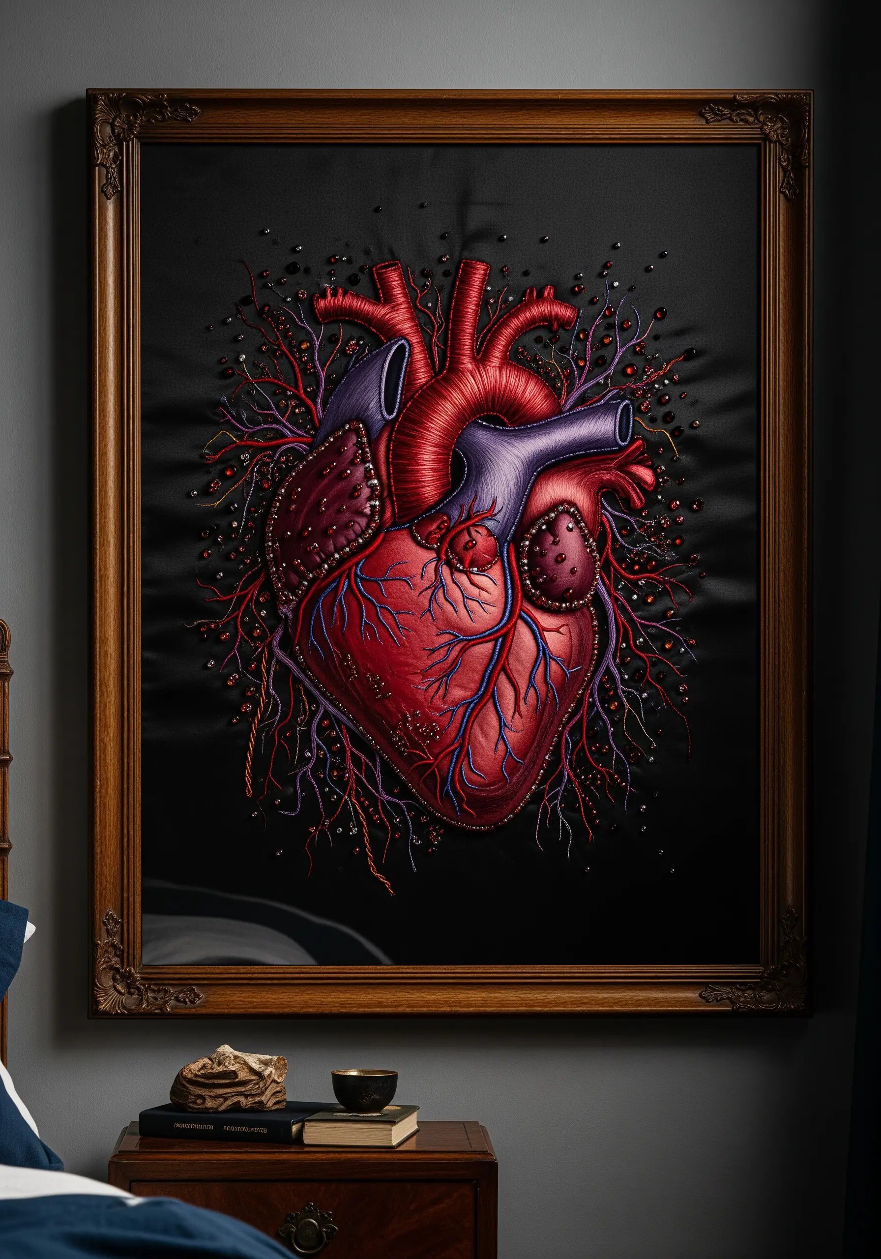 Anatomical heart embroidered with thread painting and embellished with seed beads on black fabric.