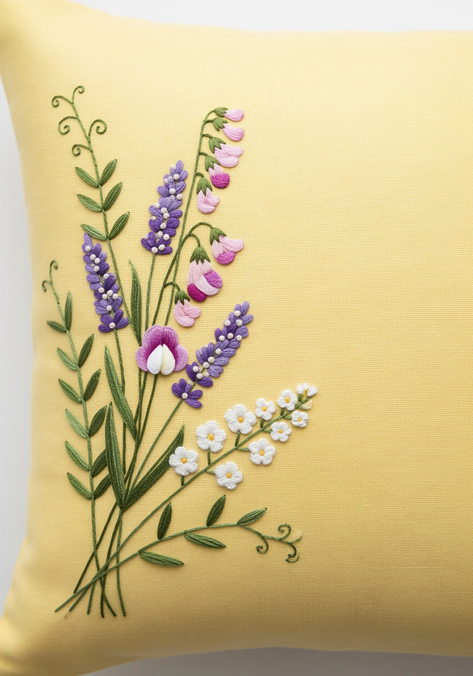 A delicate bouquet of embroidered wildflowers, including lavender and sweet peas, on a yellow pillow