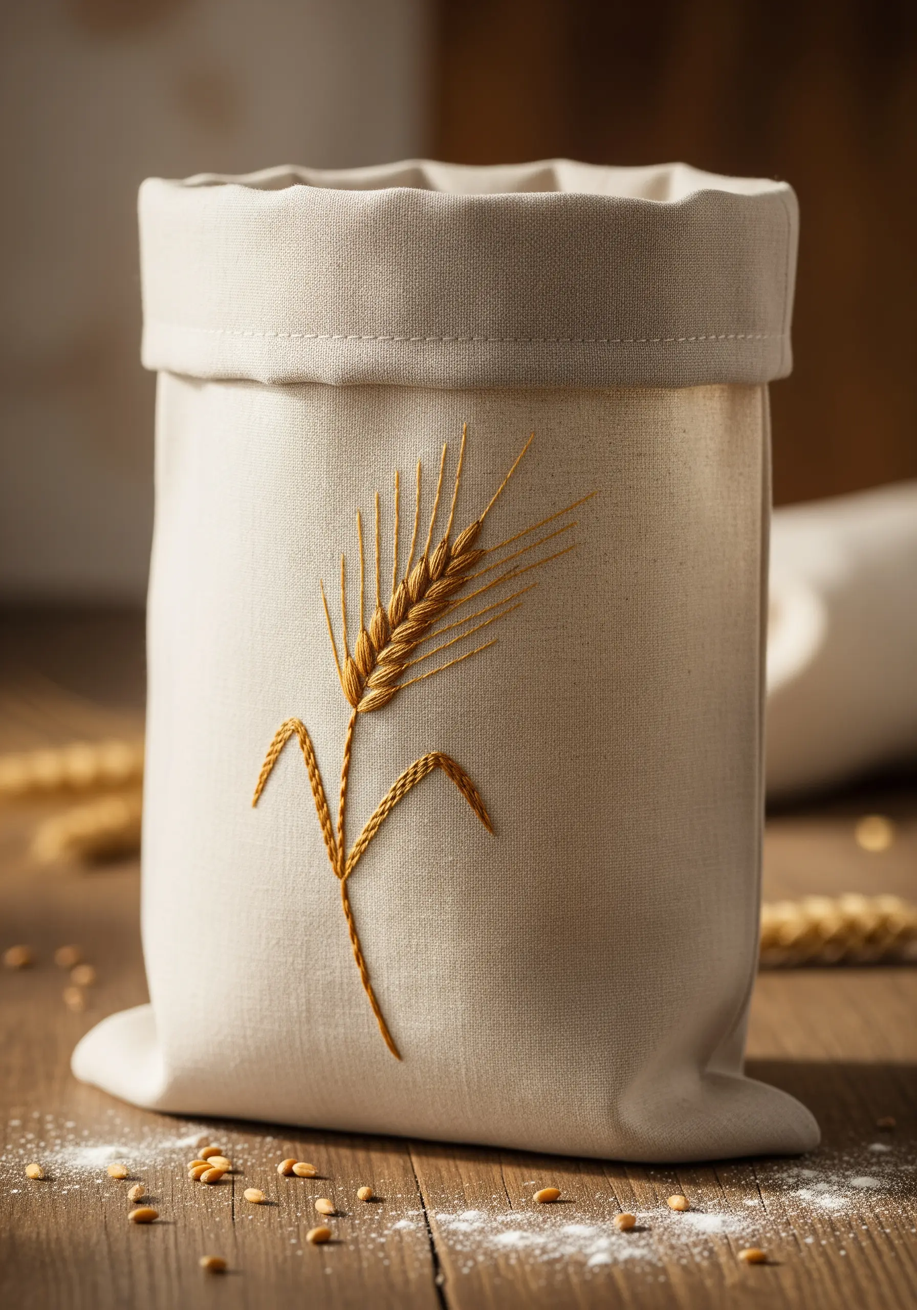 A stalk of wheat embroidered in gold and brown thread on a canvas sack.