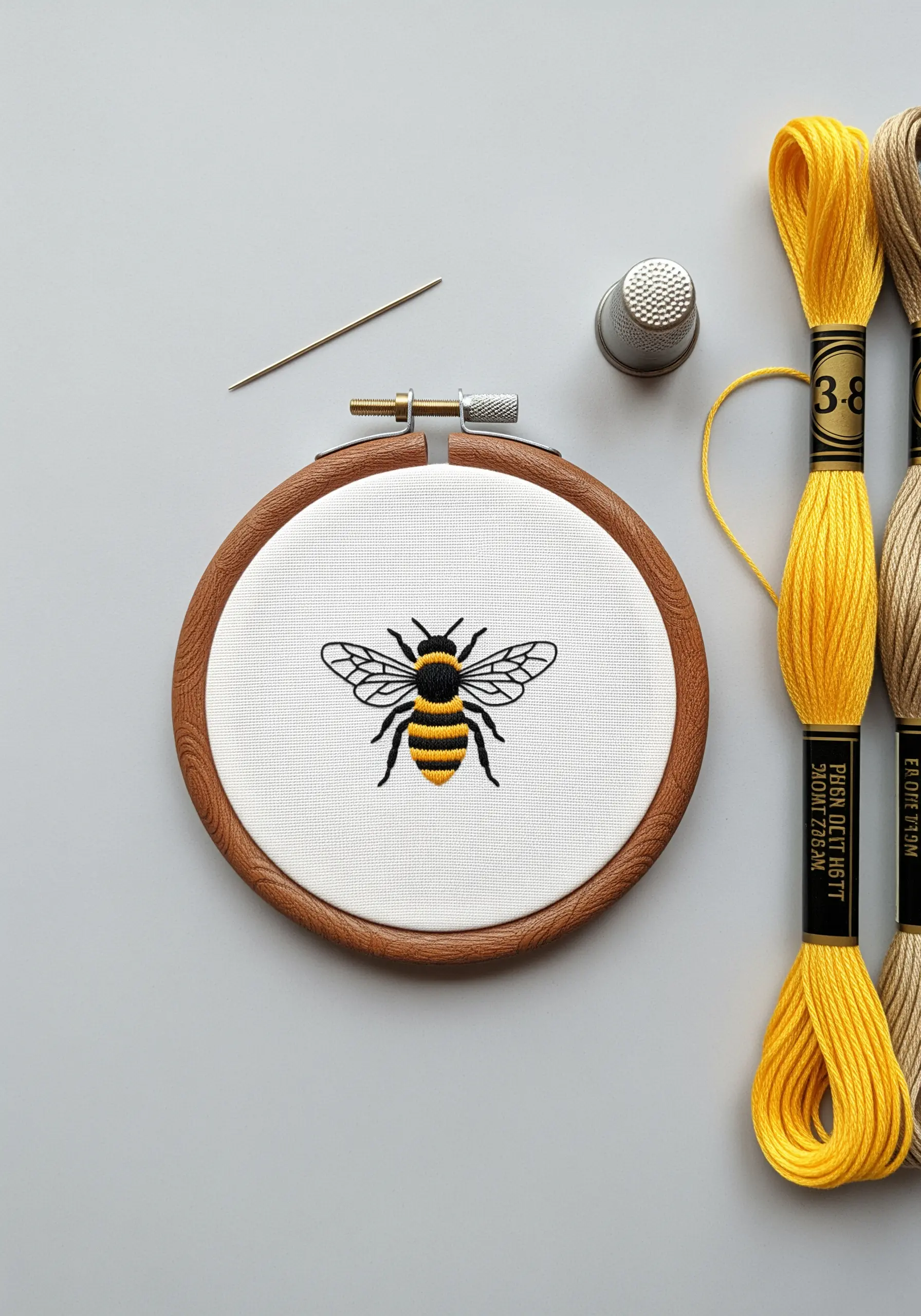 A detailed embroidered bee with satin stitch body and backstitch outlines.