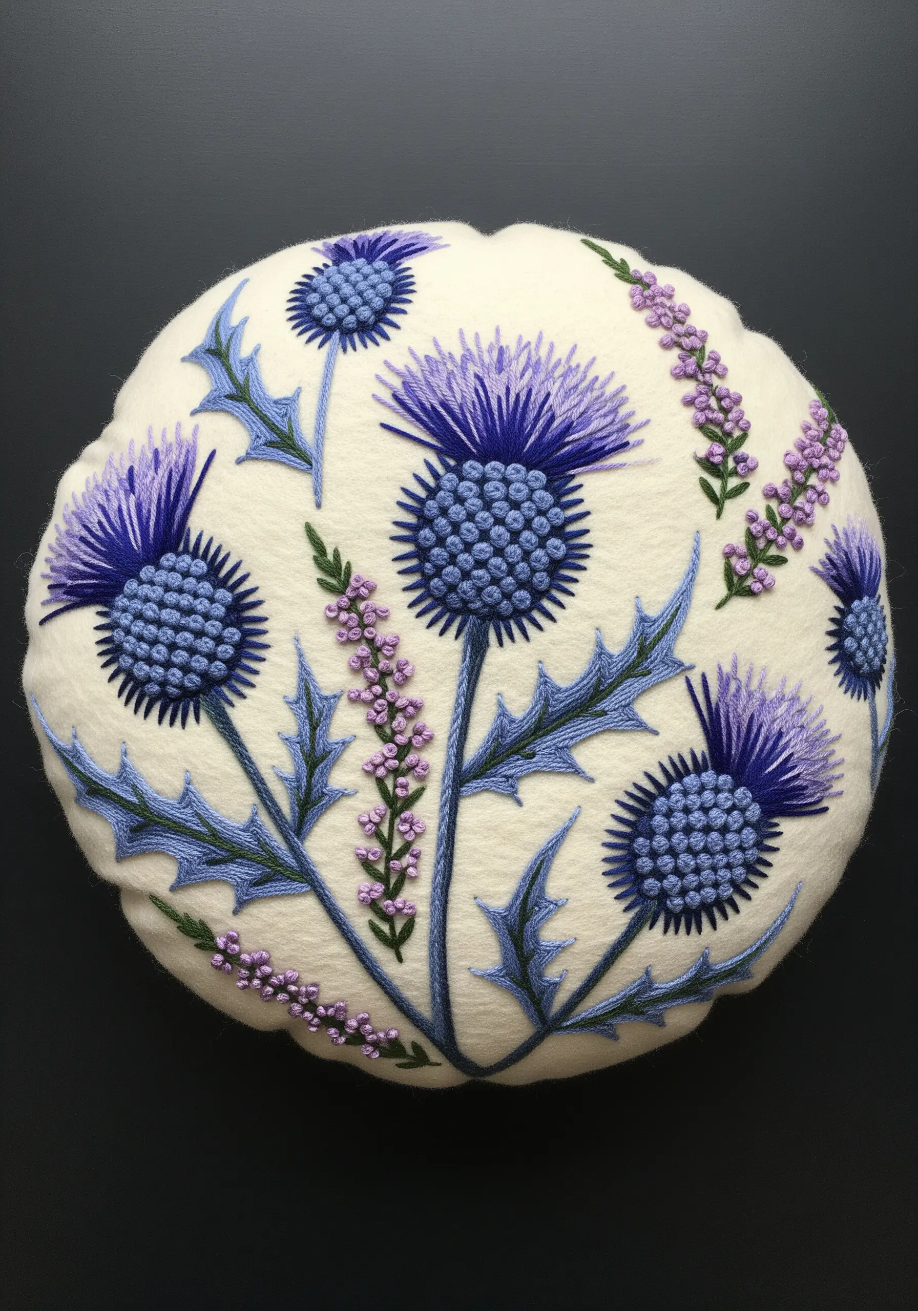Scottish thistles embroidered on a round wool pillow, showing textural variety.