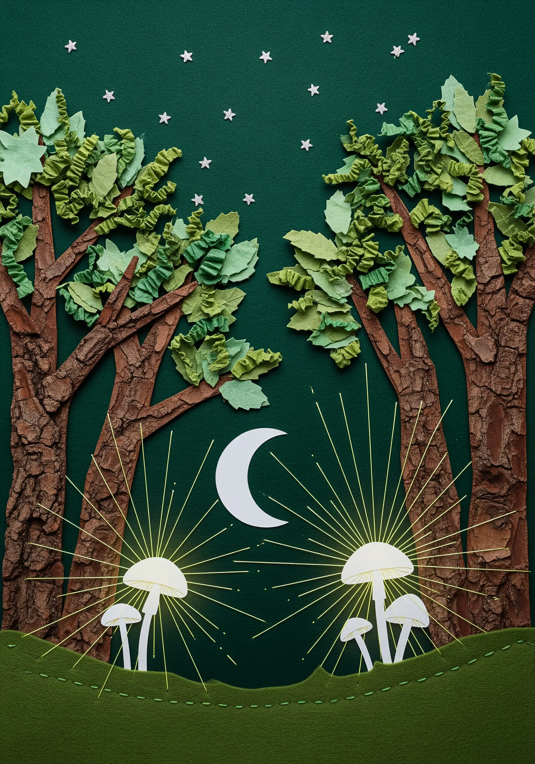 A forest collage with 3D fabric leaves and glowing mushrooms with embroidered light rays.