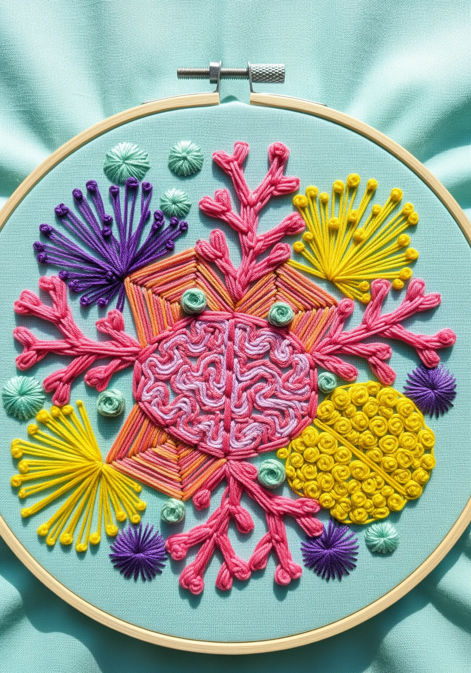 A vibrant coral reef embroidery combining string art with French knots and chain stitches.