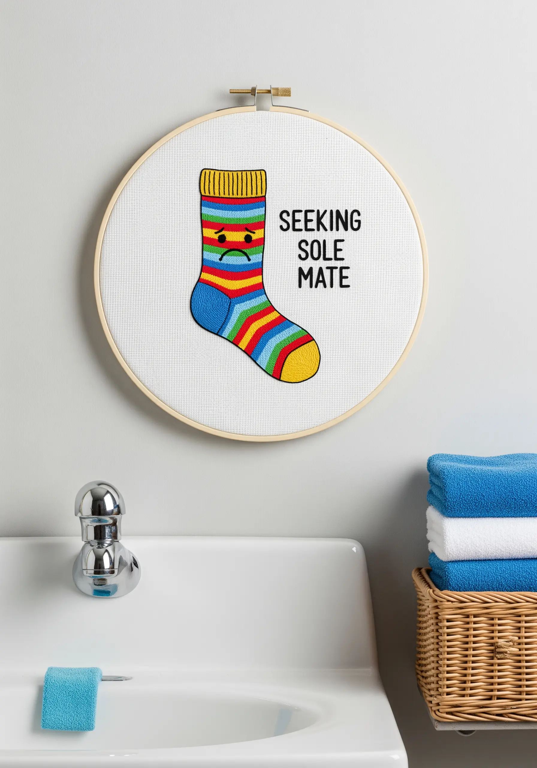 A funny embroidery of a sad striped sock with the text 'Seeking Sole Mate' in a hoop.