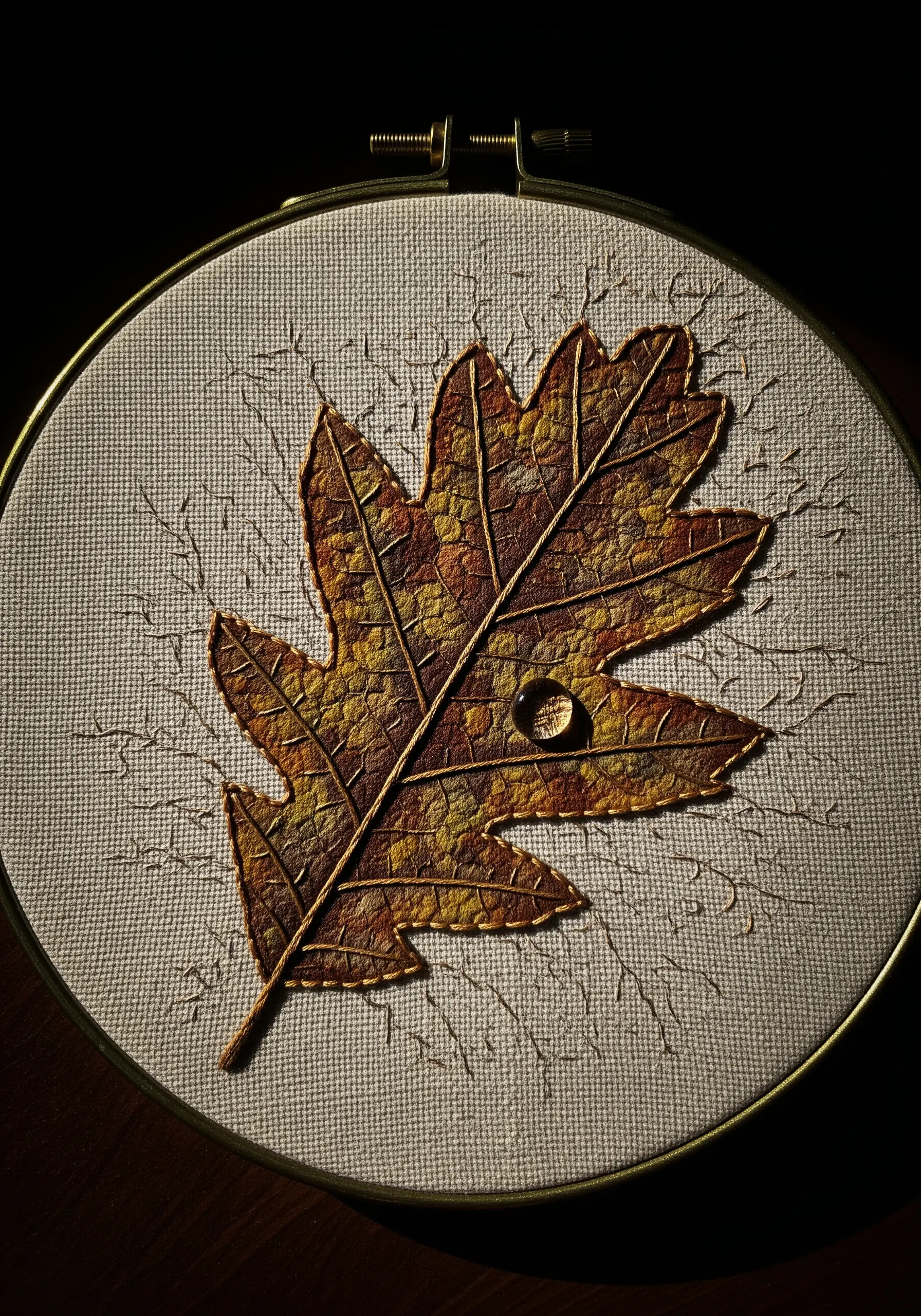 A mixed-media oak leaf with a textured surface and a 3D water droplet.