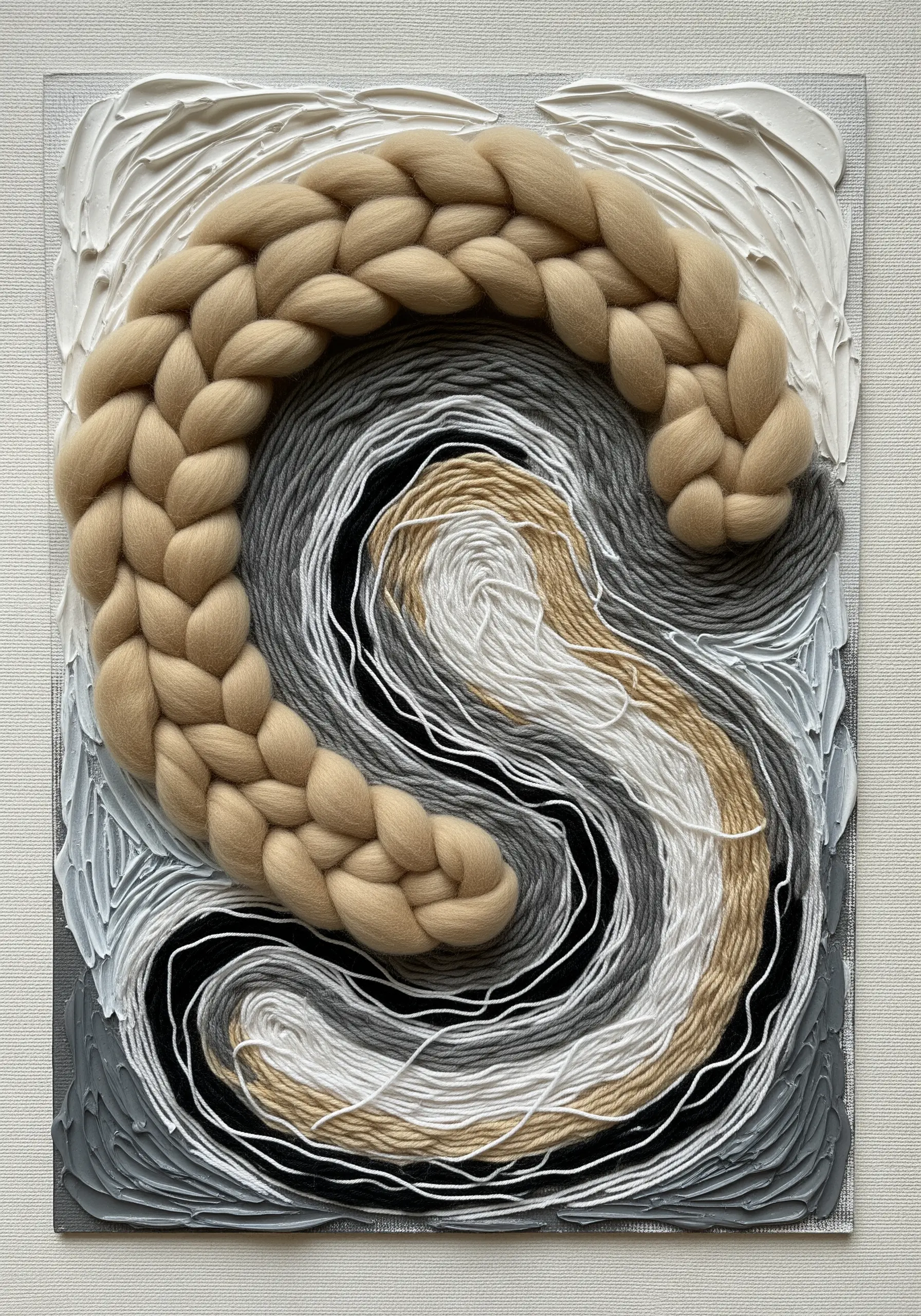A sculptural mixed-media piece with a thick wool braid and threads on a textured, painted canvas.