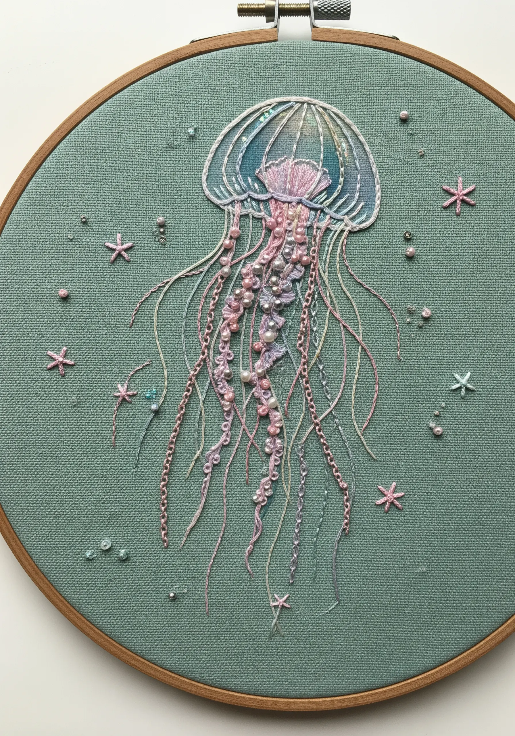 Embroidered jellyfish with pastel threads, iridescent beads, and pearls on teal fabric.