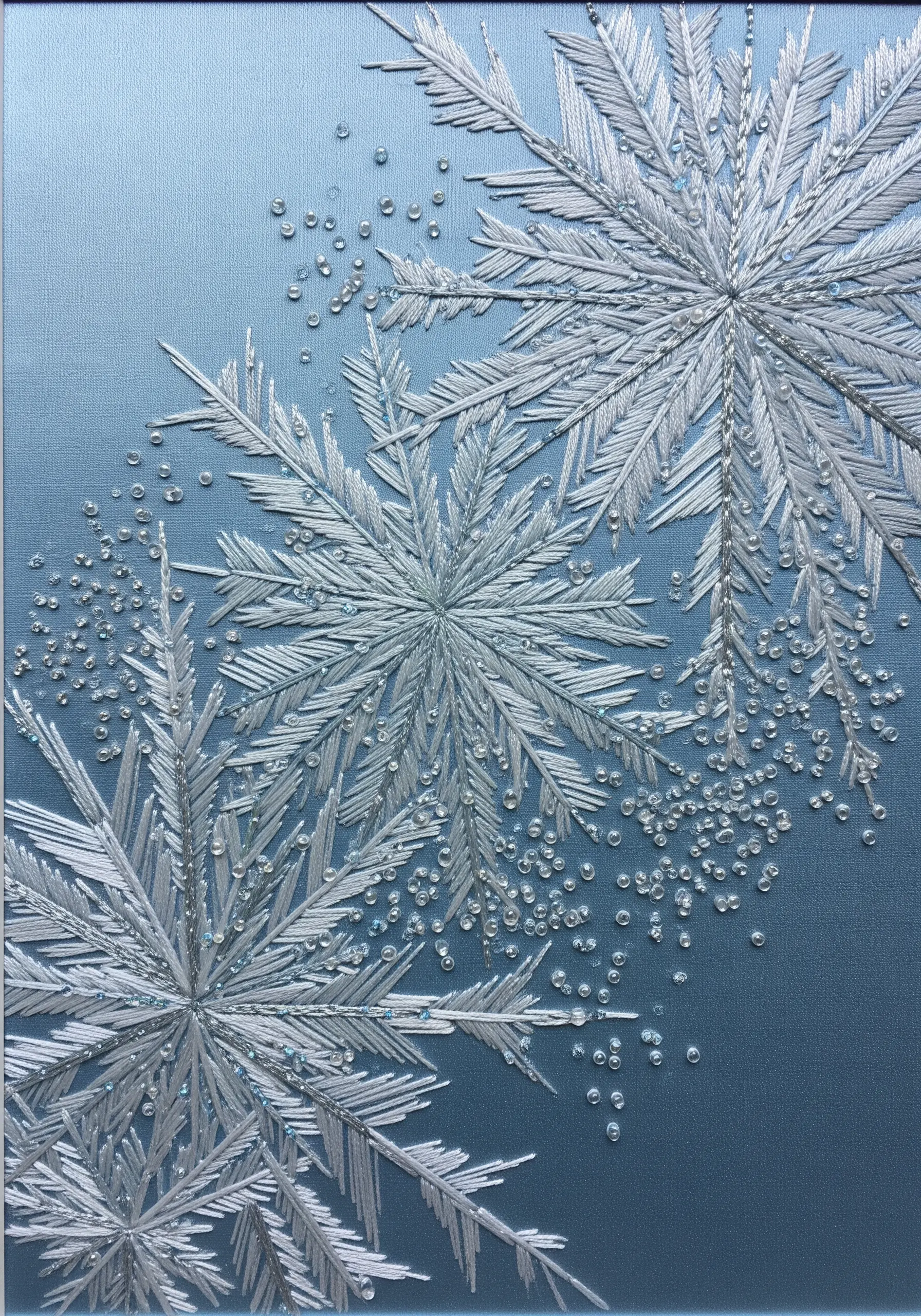 Close-up of embroidered snowflakes in white and silver on blue fabric, embellished with clear beads.