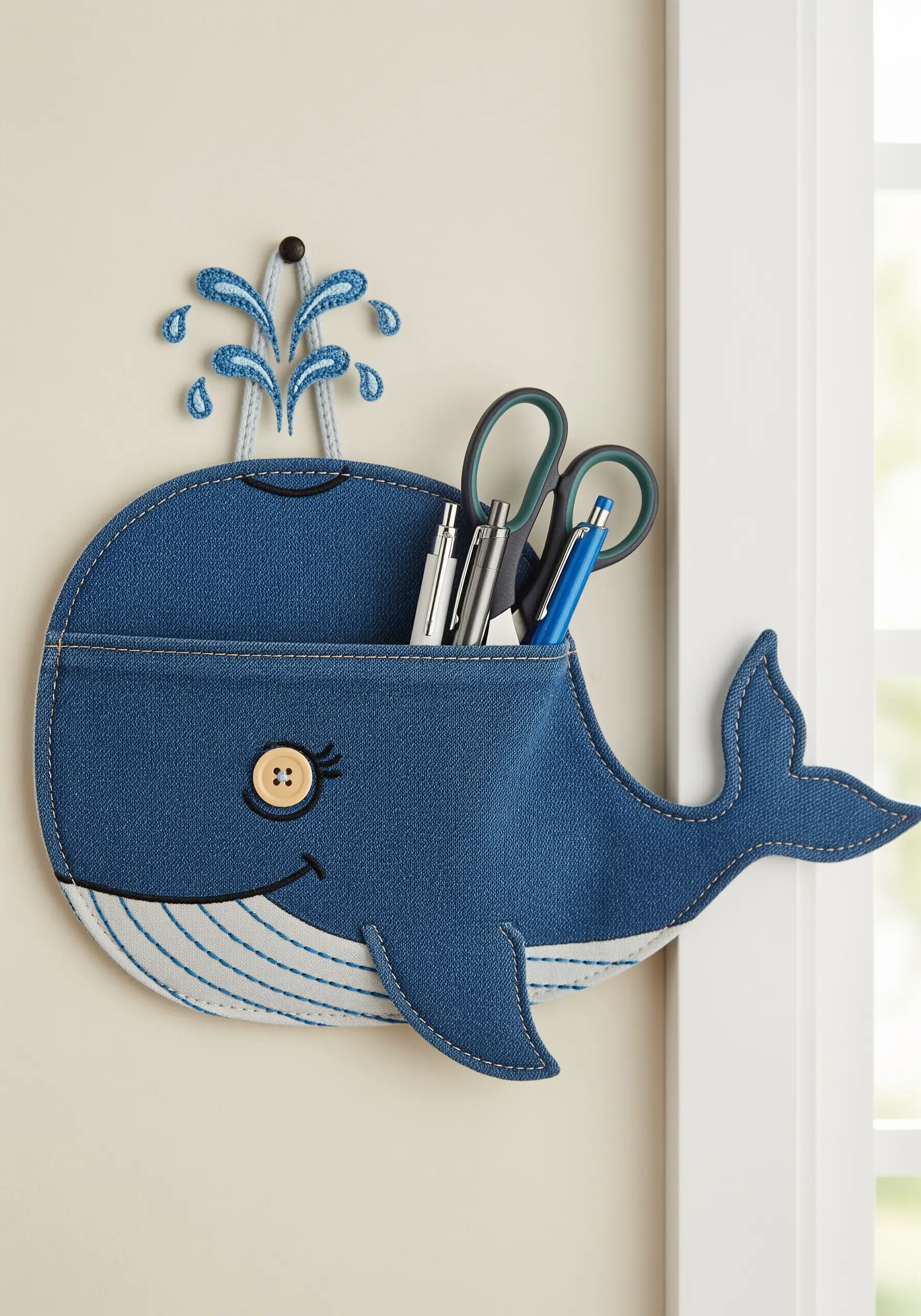 A whale-shaped wall organizer made of blue denim, with a pocket for holding pens and scissors.