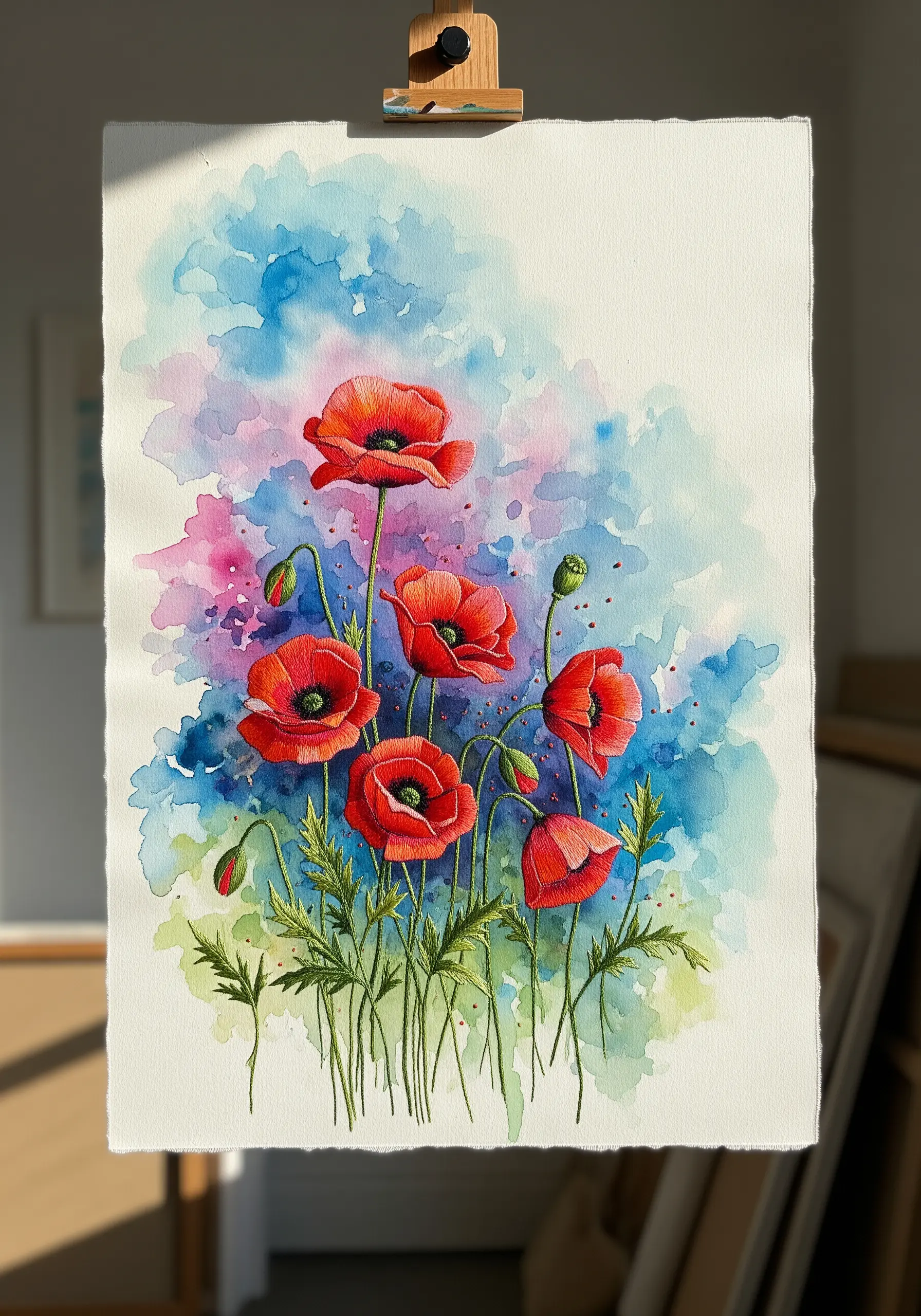 A watercolor painting of red poppies with added embroidery details for definition and texture.