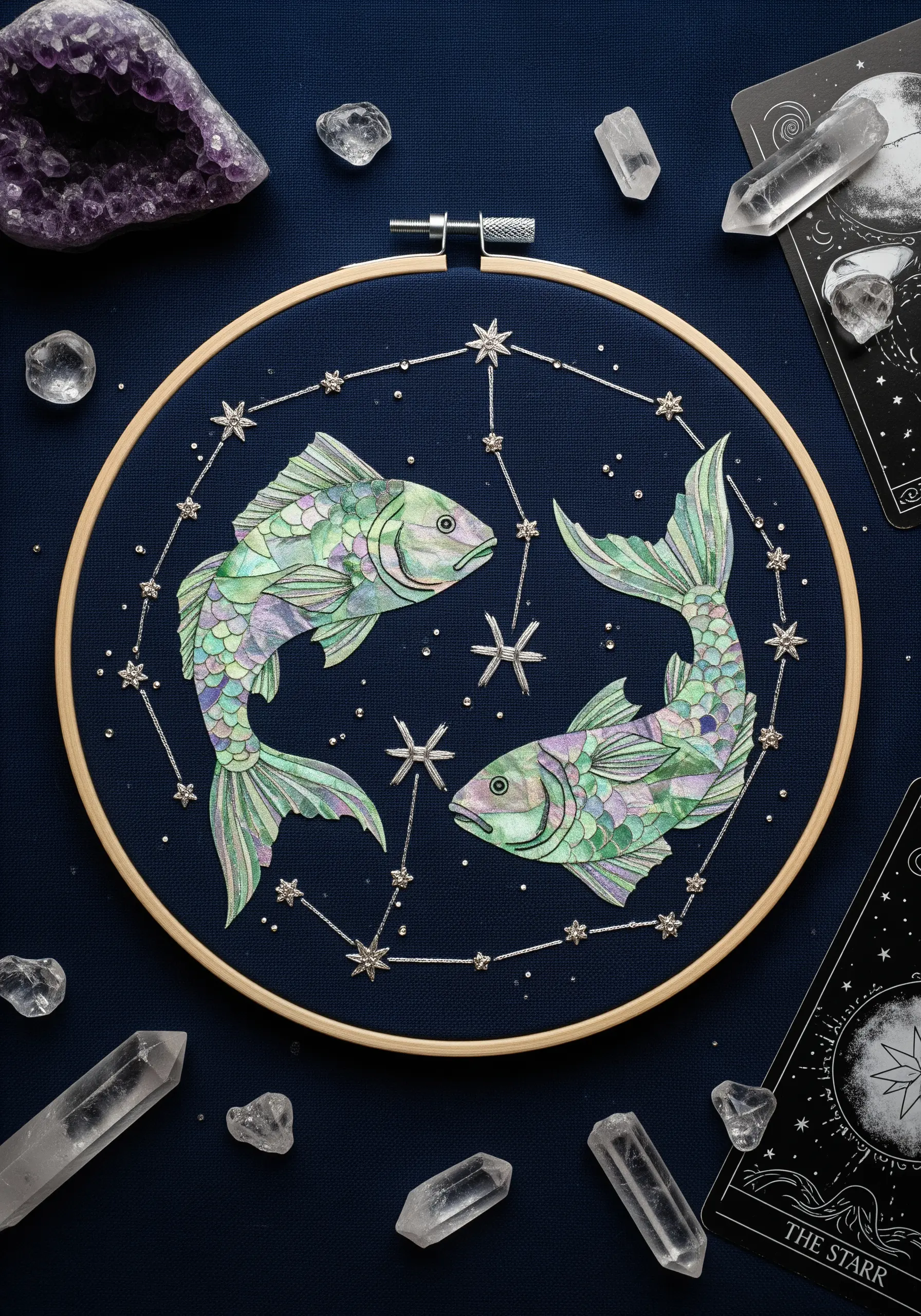 Watercolor-painted Pisces fish appliqué, embellished with silver metallic thread stars.