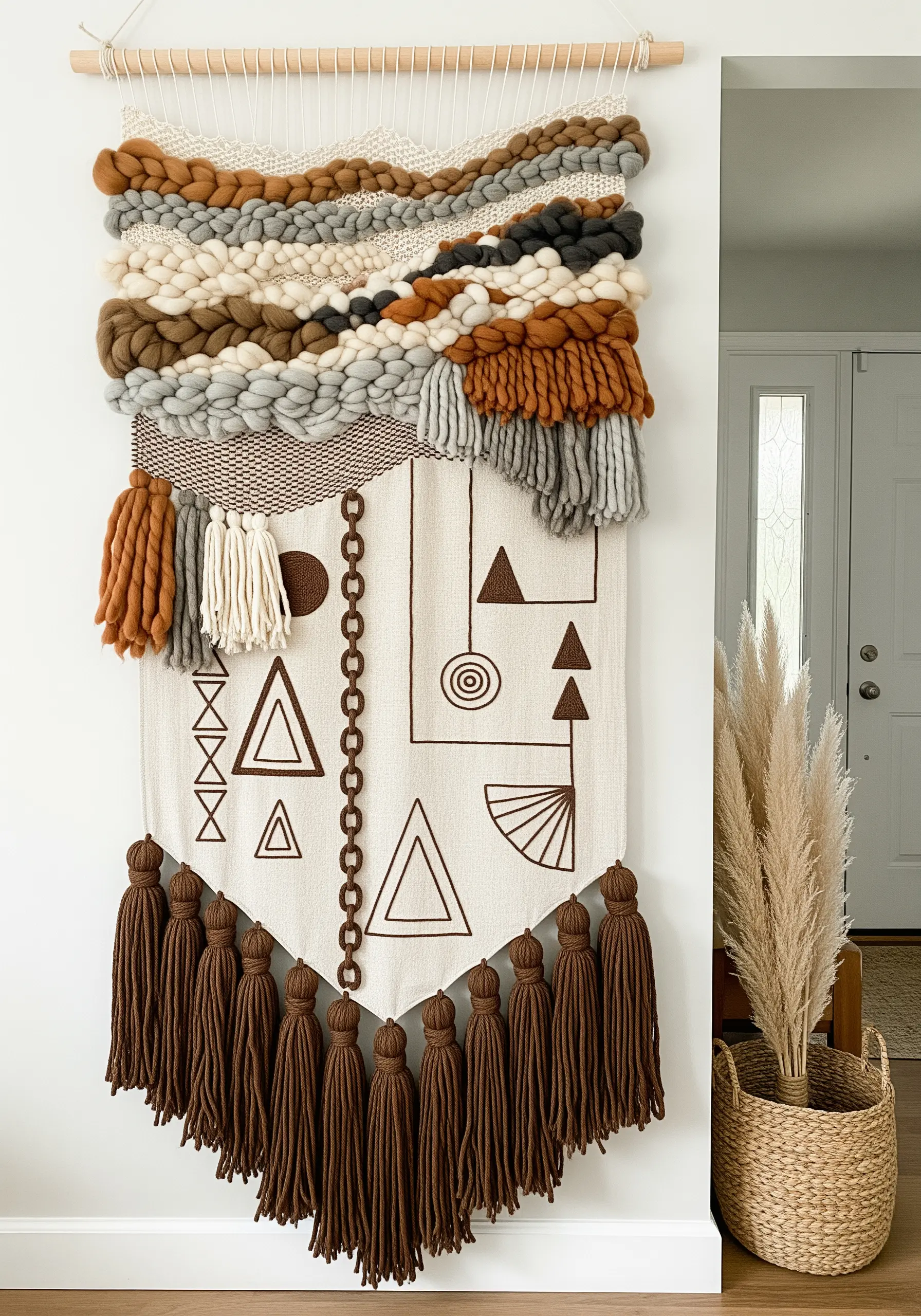 A mixed-media wall hanging with chunky weaving at the top and embroidered geometric shapes below.