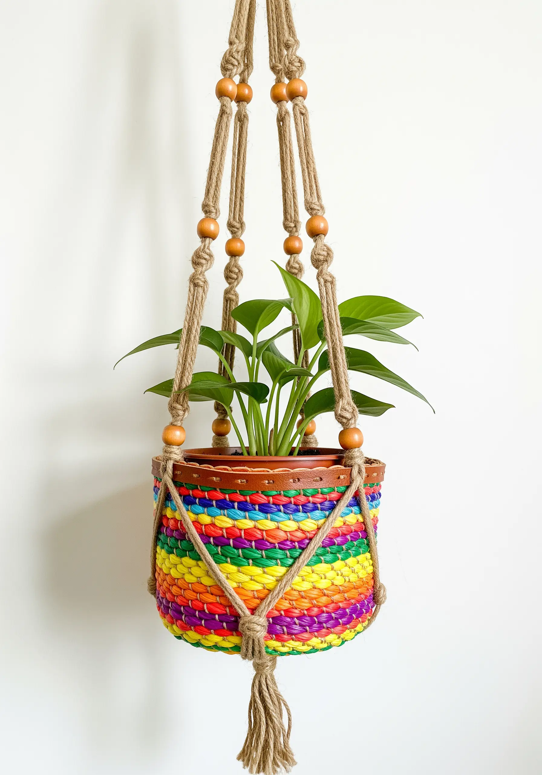 A colorful woven basket holding a plant, suspended by a natural jute macrame hanger.