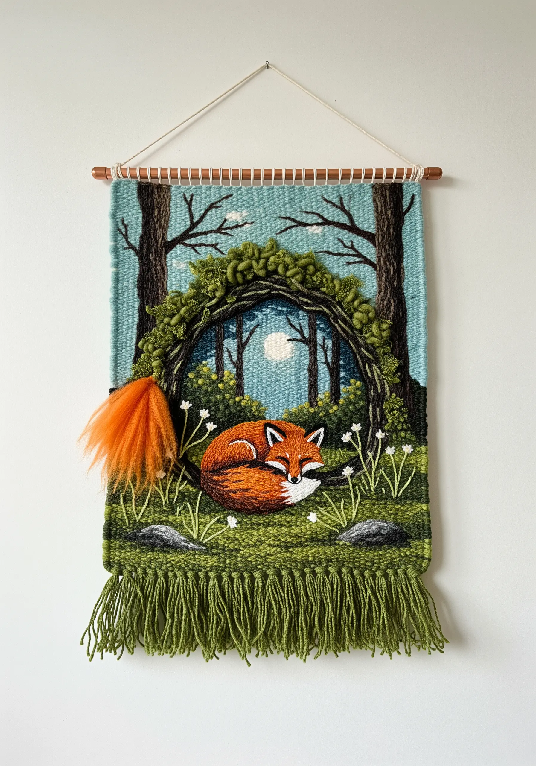 A woven tapestry of a sleeping fox in a forest clearing with embroidered details.