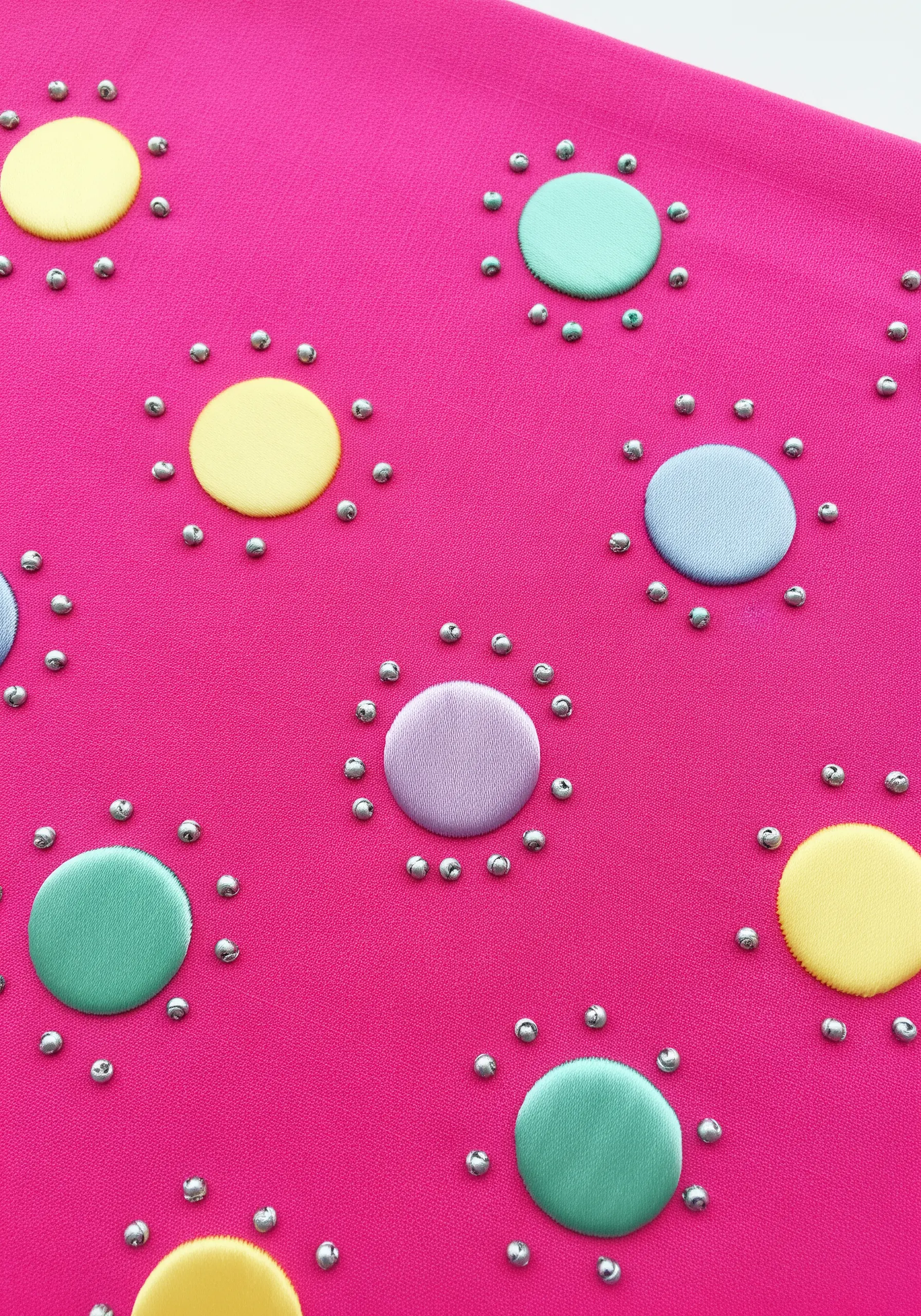 Colorful appliqué circles on a bright pink fabric, each surrounded by a ring of silver beads.