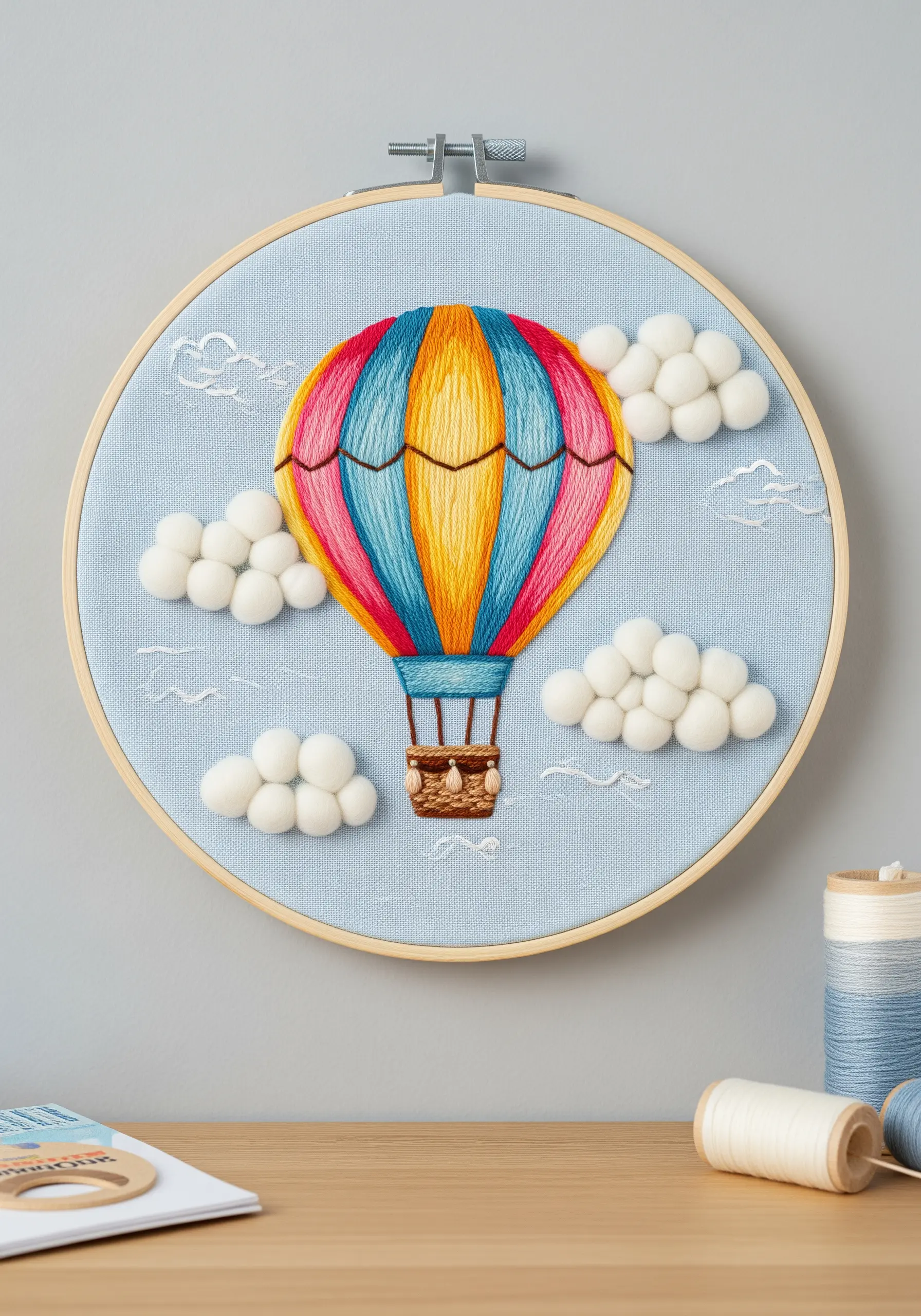 A colorful hot air balloon embroidery with fluffy, 3D wool clouds on a blue background.