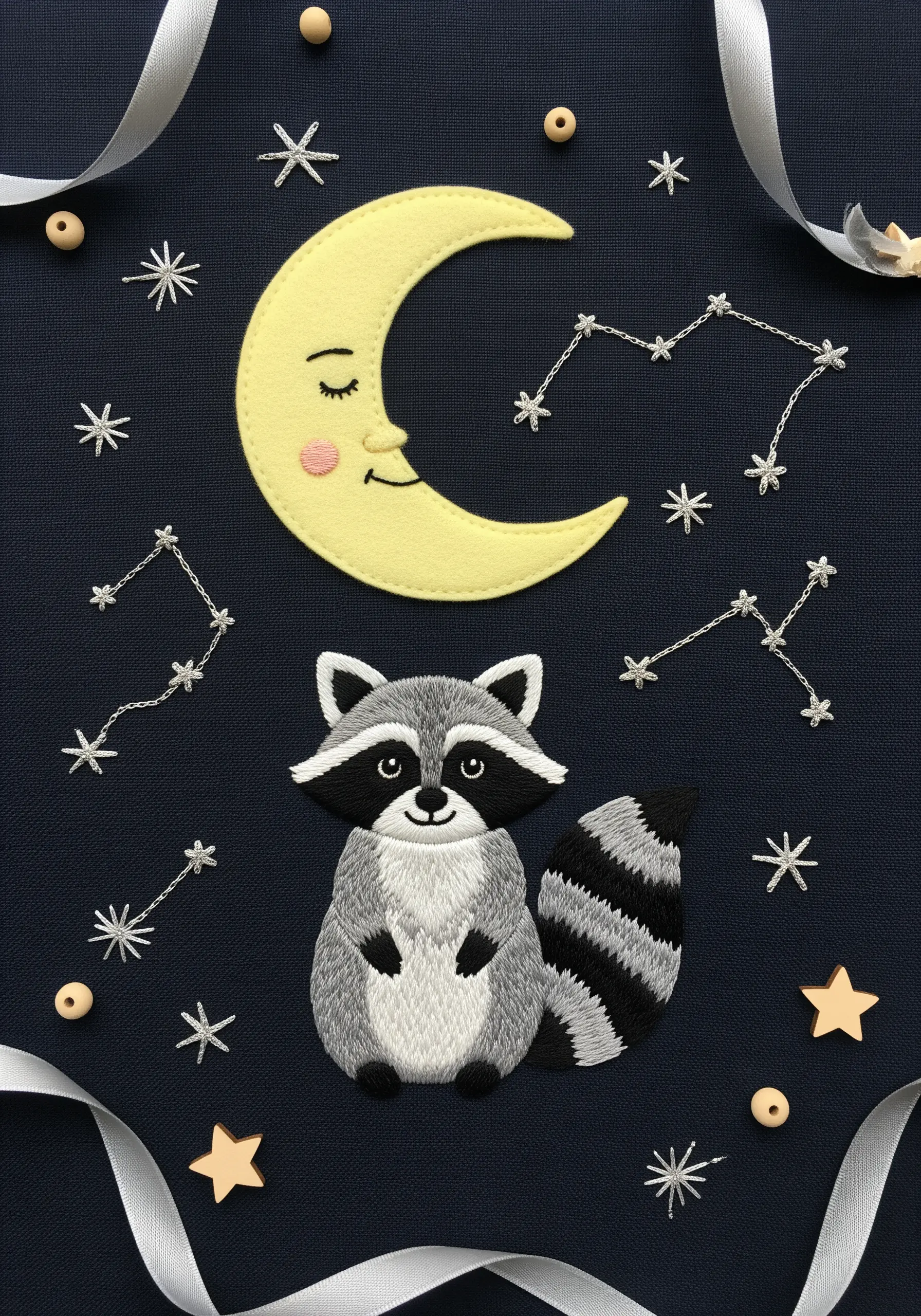 Embroidered raccoon with a yellow felt moon appliqué and star constellations.