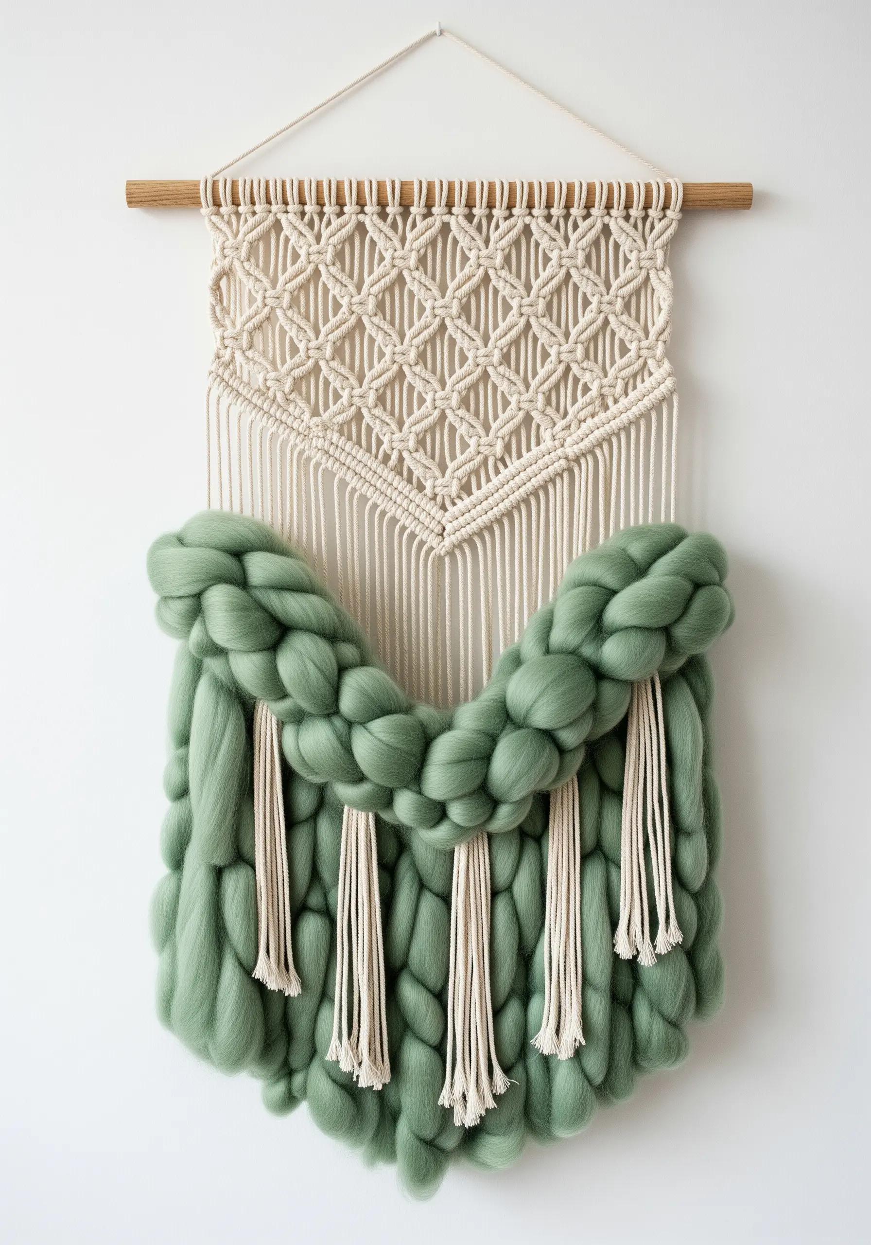 Macrame wall hanging featuring a large, soft green wool roving section woven through it.